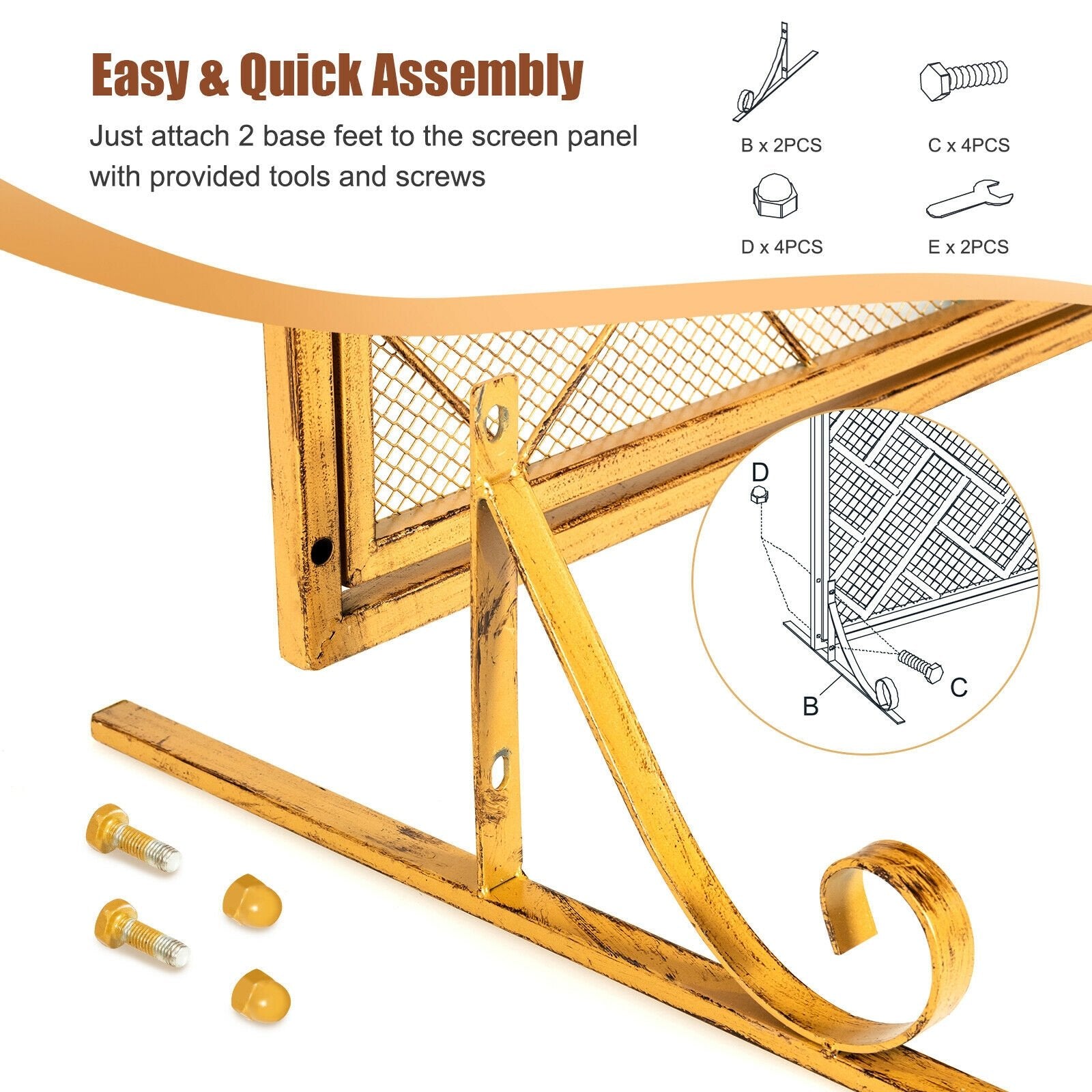 3-Panel Folding Wrought Iron Fireplace Screen with Doors and 4 Pieces Tools Set, Golden Fireplace Tools   at Gallery Canada