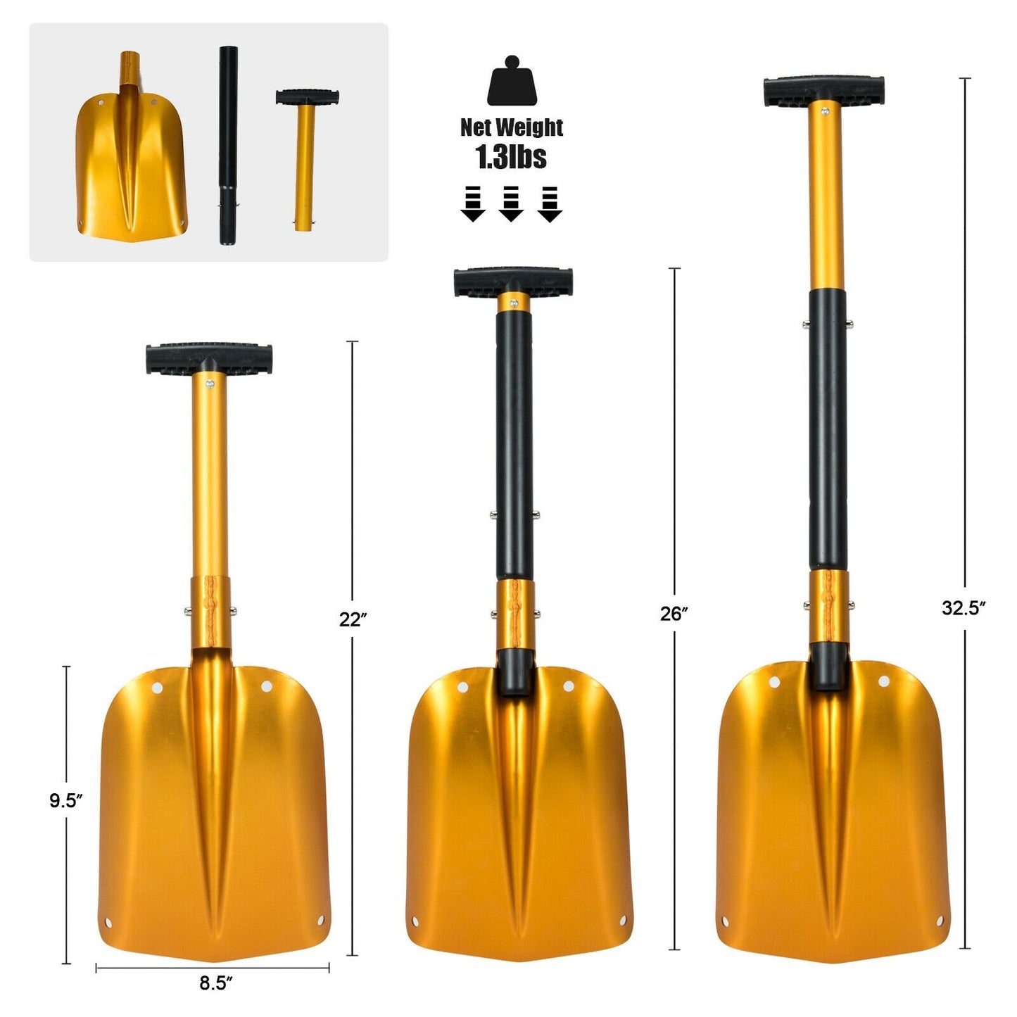 Adjustable Aluminum Snow Shovel with Anti-Skid Handle and Large Blade, Yellow - Gallery Canada