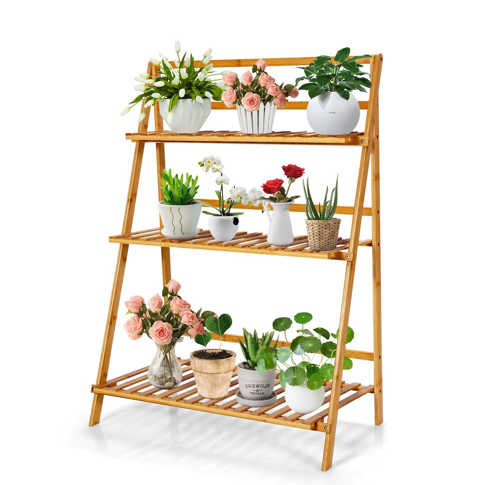 3-Tier Bamboo Foldable Plant Stand with Display Shelf Rack, Natural Plant Stands   at Gallery Canada