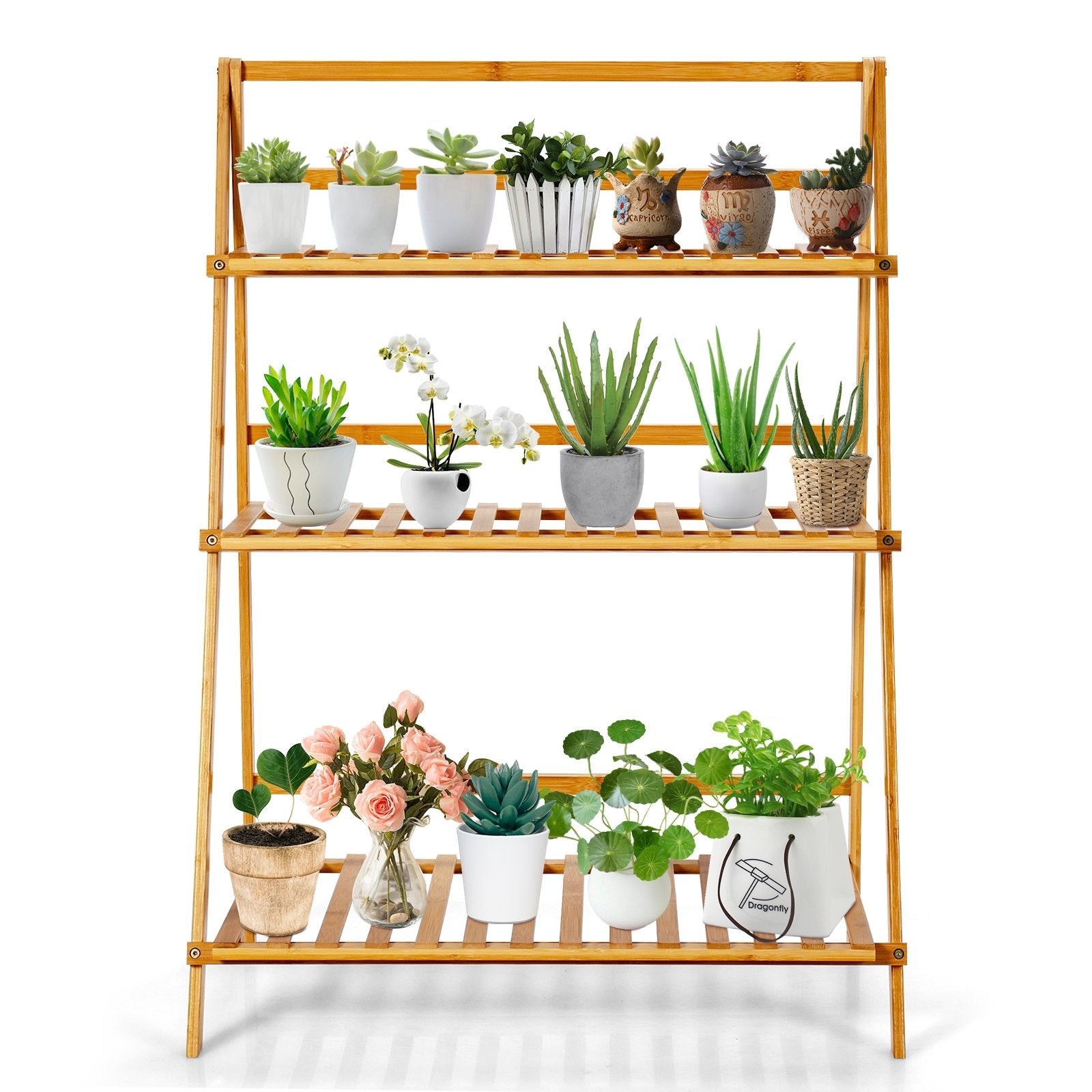 3-Tier Bamboo Foldable Plant Stand with Display Shelf Rack, Natural Plant Stands   at Gallery Canada