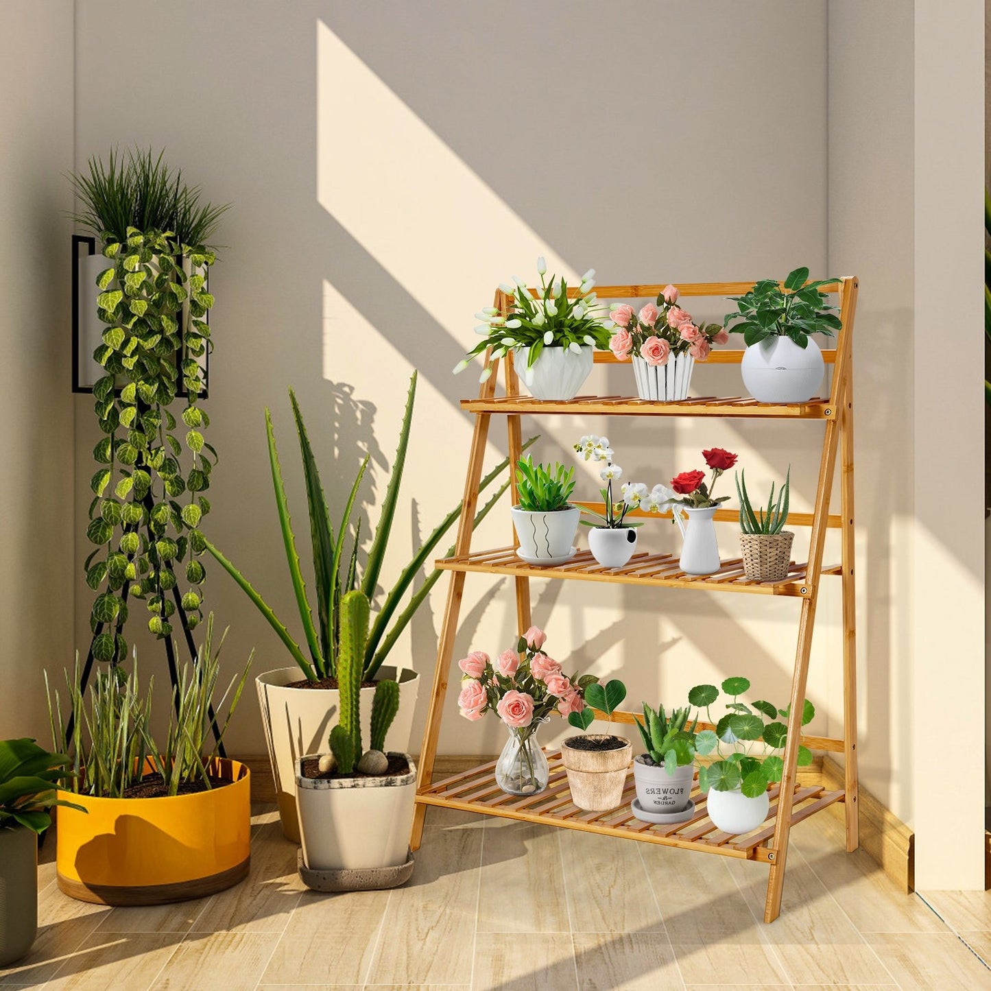 3-Tier Bamboo Foldable Plant Stand with Display Shelf Rack, Natural Plant Stands   at Gallery Canada