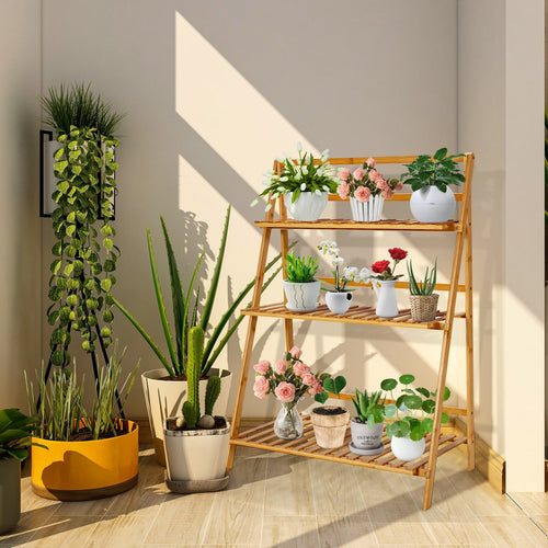 3-Tier Bamboo Foldable Plant Stand with Display Shelf Rack, Natural