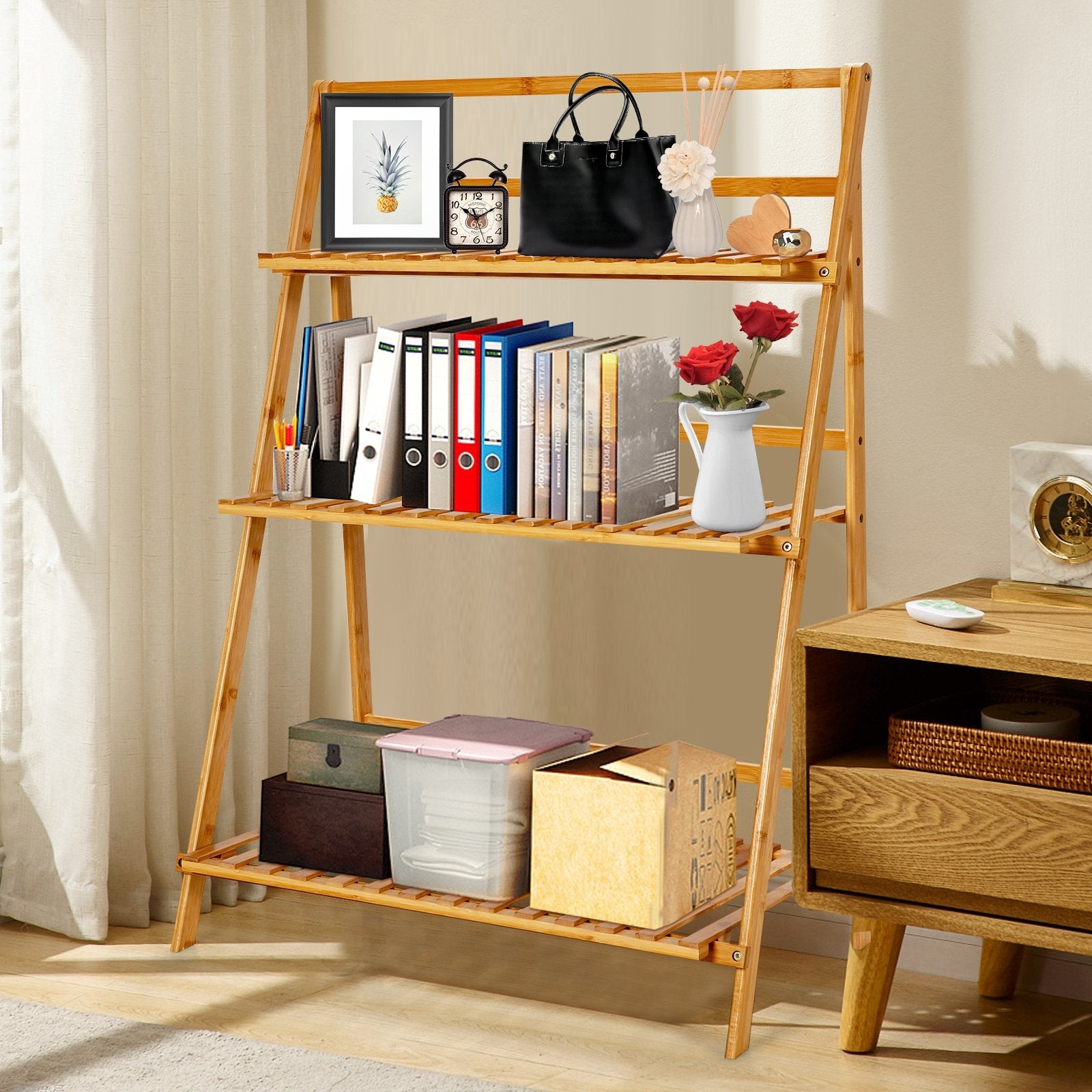 3-Tier Bamboo Foldable Plant Stand with Display Shelf Rack, Natural Plant Stands   at Gallery Canada