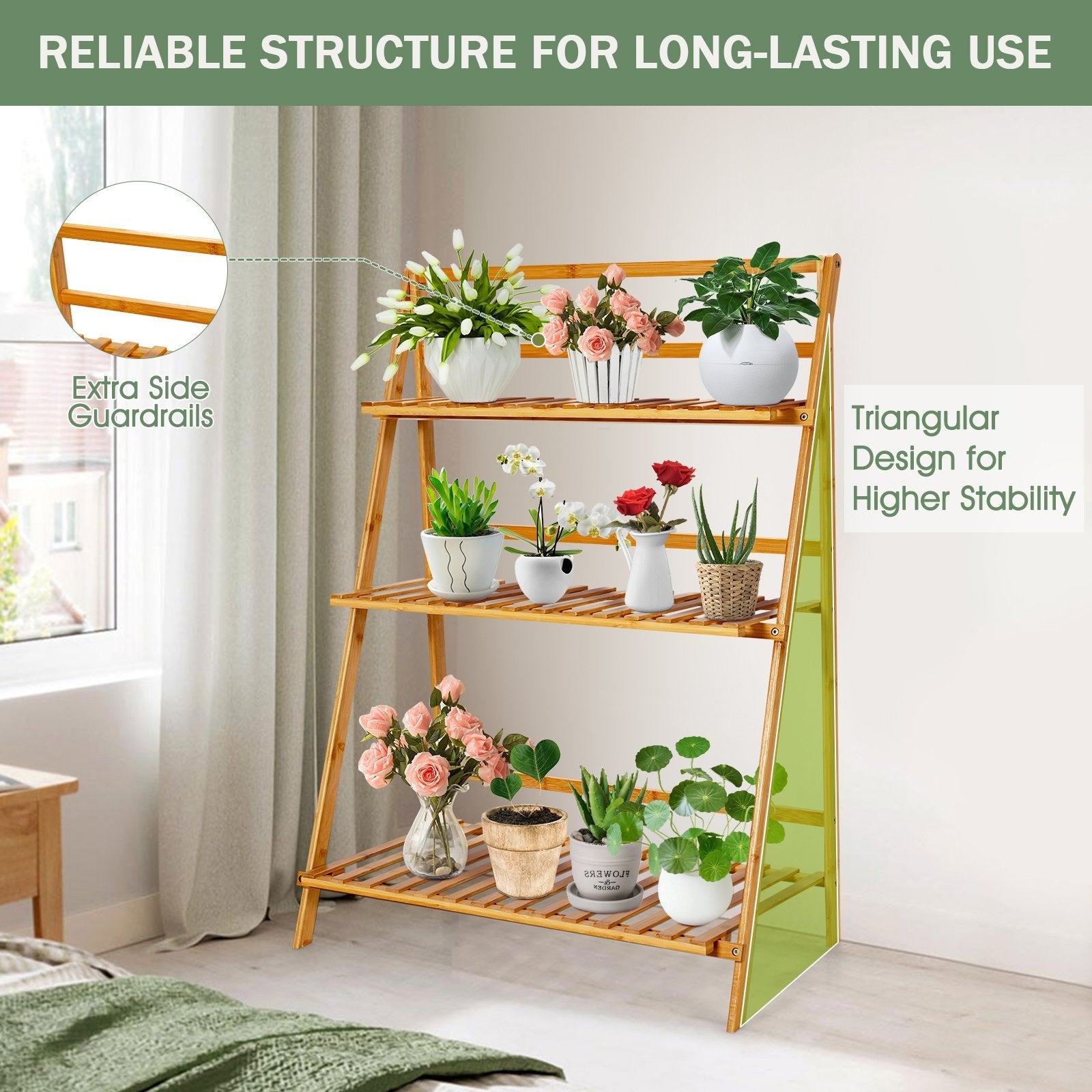 3-Tier Bamboo Foldable Plant Stand with Display Shelf Rack, Natural Plant Stands   at Gallery Canada