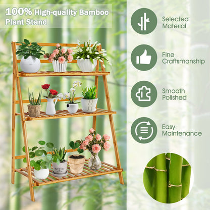 3-Tier Bamboo Foldable Plant Stand with Display Shelf Rack, Natural Plant Stands   at Gallery Canada