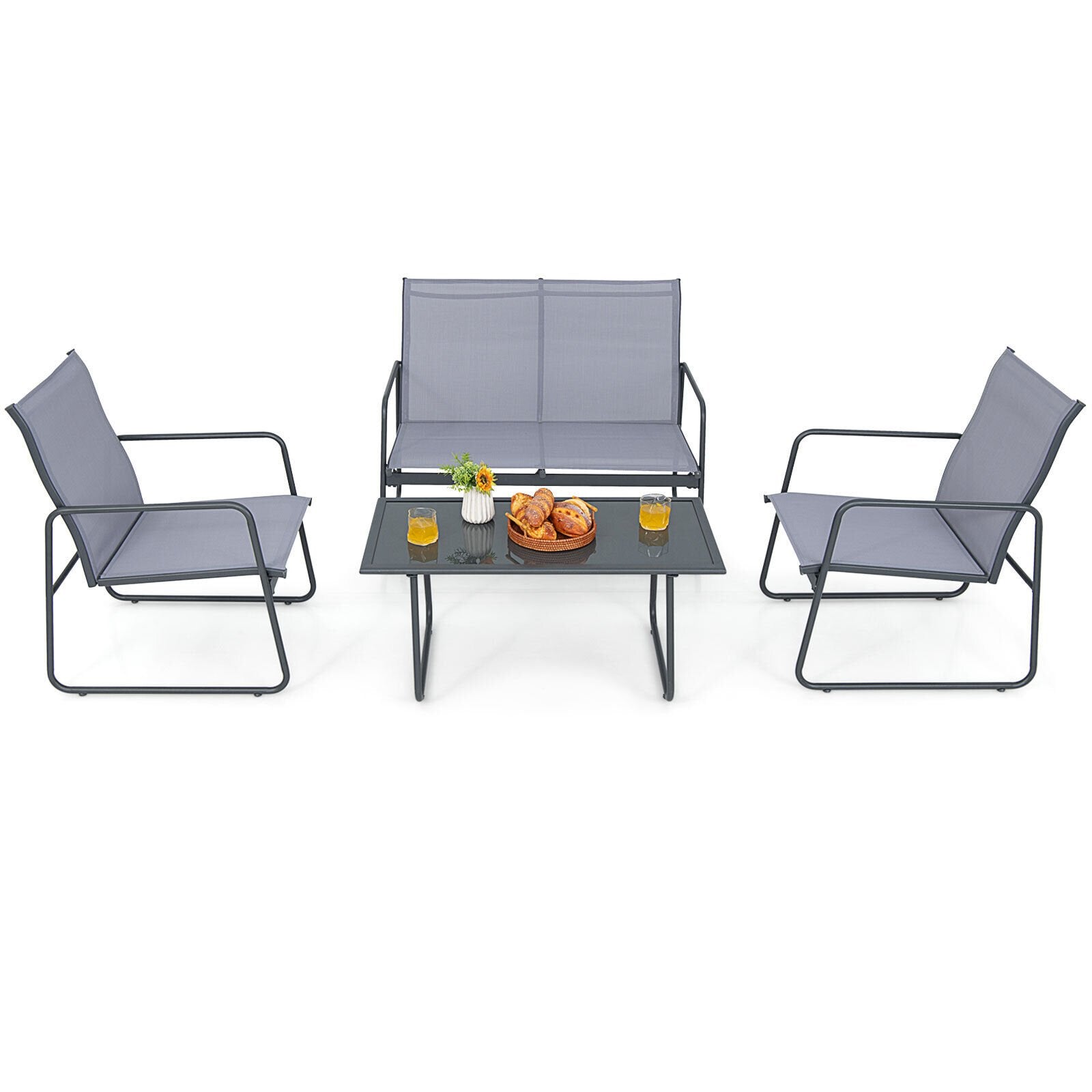 4 Pieces of Metal Patio Furniture Chat Set with Tempered Glass Coffee Table, Gray Patio Conversation Sets   at Gallery Canada