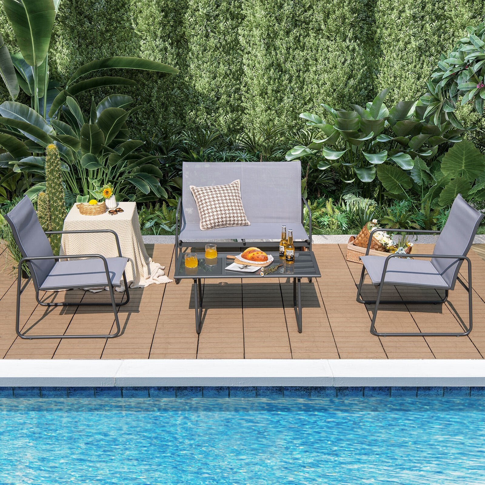 4 Pieces of Metal Patio Furniture Chat Set with Tempered Glass Coffee Table, Gray Patio Conversation Sets   at Gallery Canada