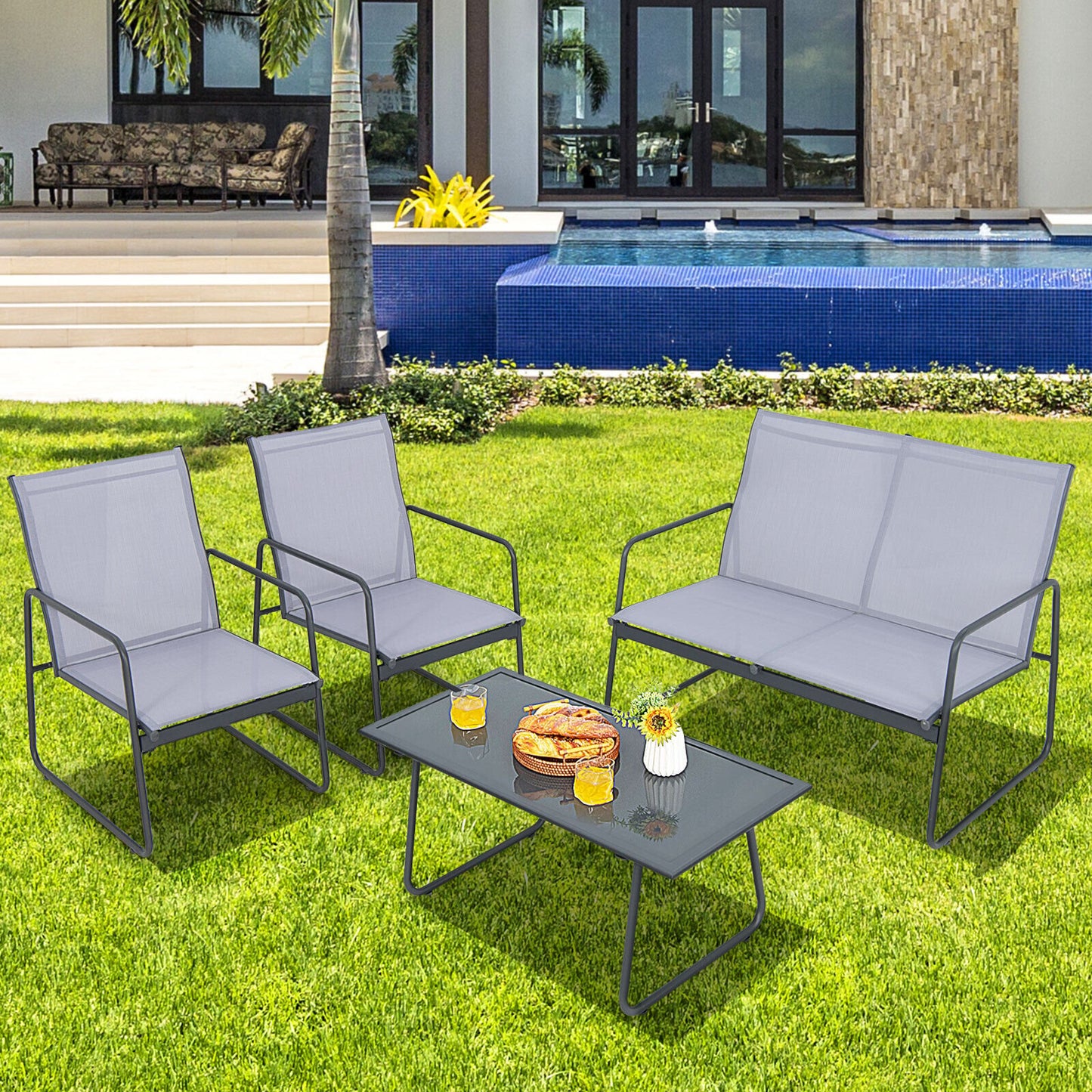 4 Pieces of Metal Patio Furniture Chat Set with Tempered Glass Coffee Table, Gray Patio Conversation Sets   at Gallery Canada