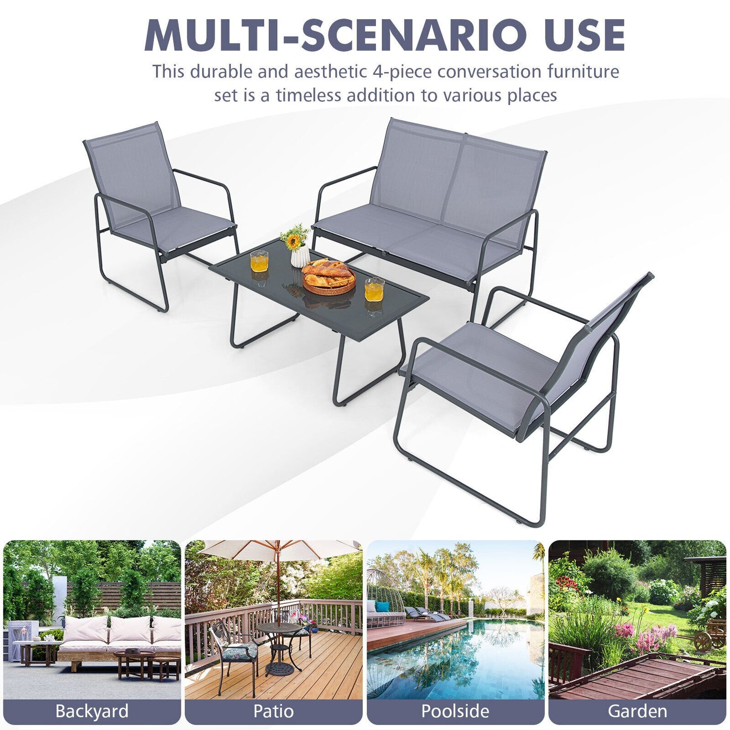 4 Pieces of Metal Patio Furniture Chat Set with Tempered Glass Coffee Table, Gray Patio Conversation Sets   at Gallery Canada