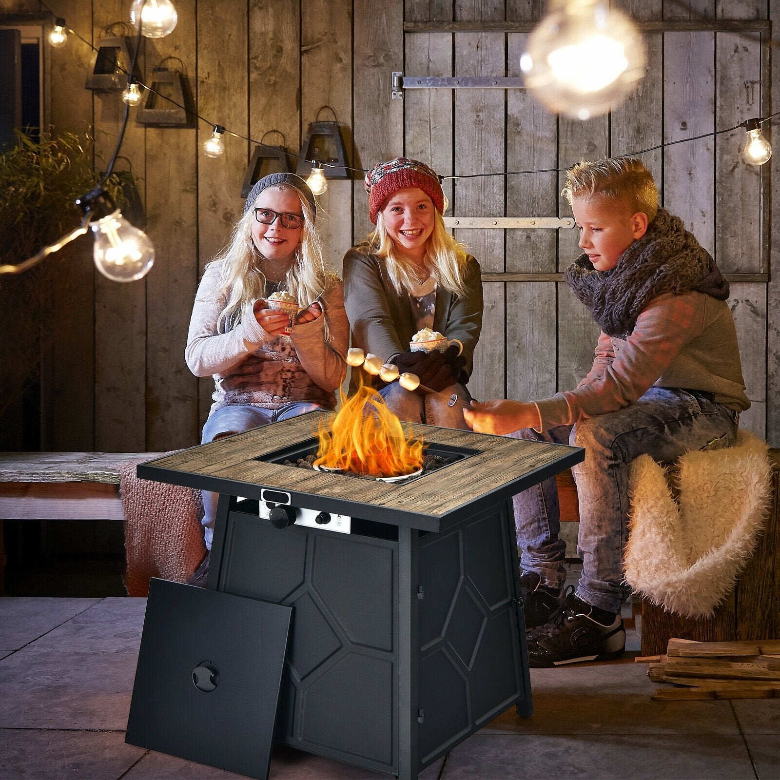 40 000 BTU 28 Inches Propane Gas Fire Pit Table With Cover, Black Fire Pit Tables   at Gallery Canada