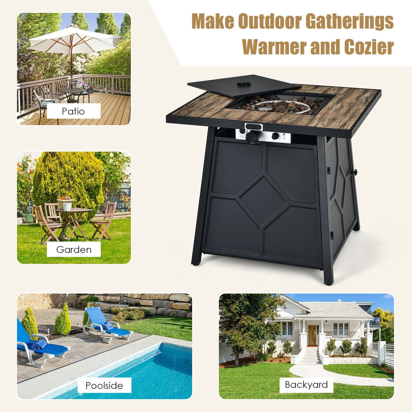 40 000 BTU 28 Inches Propane Gas Fire Pit Table With Cover, Black Fire Pit Tables   at Gallery Canada