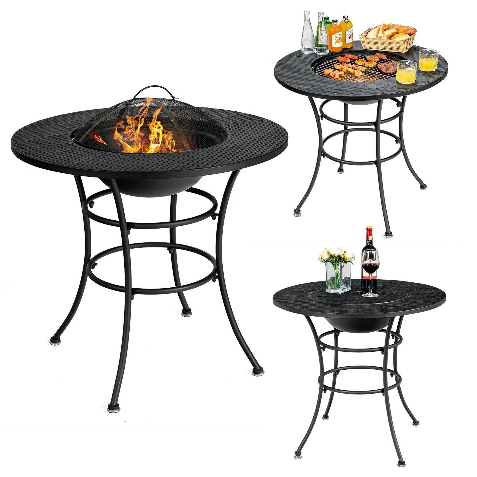 31.5 Inch Patio Fire Pit Dining Table With Cooking BBQ Grate, Black Fire Pit Tables   at Gallery Canada