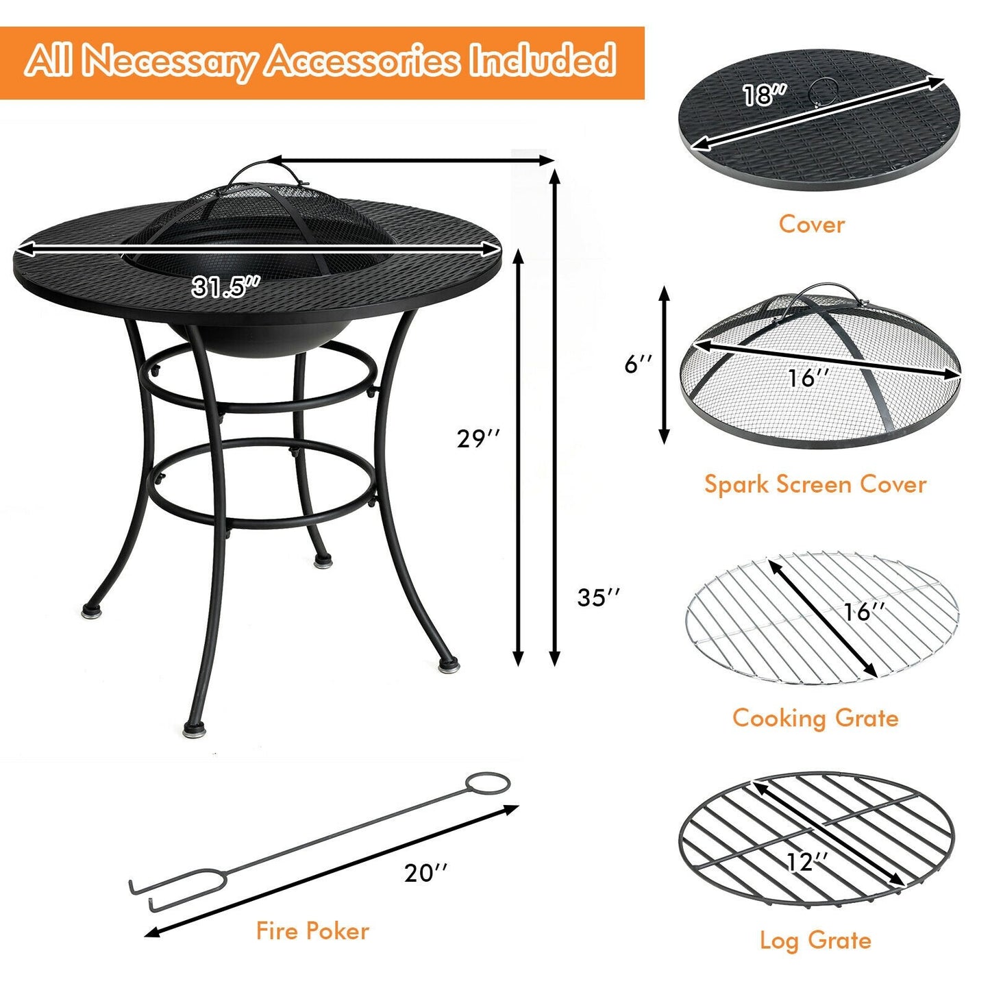 31.5 Inch Patio Fire Pit Dining Table With Cooking BBQ Grate, Black - Gallery Canada