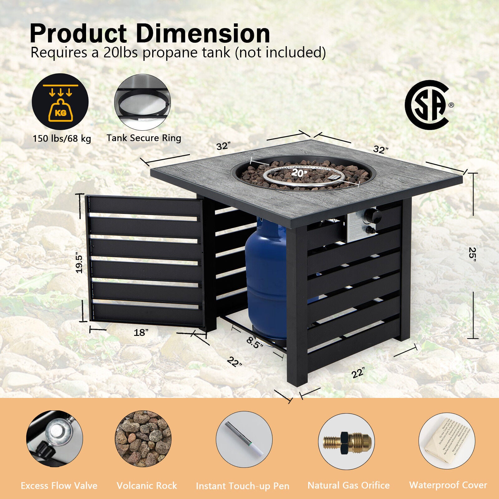 Square Propane Fire Pit Table with Lava Rocks and Rain Cover, Black Fire Pit Tables at Gallery Canada
