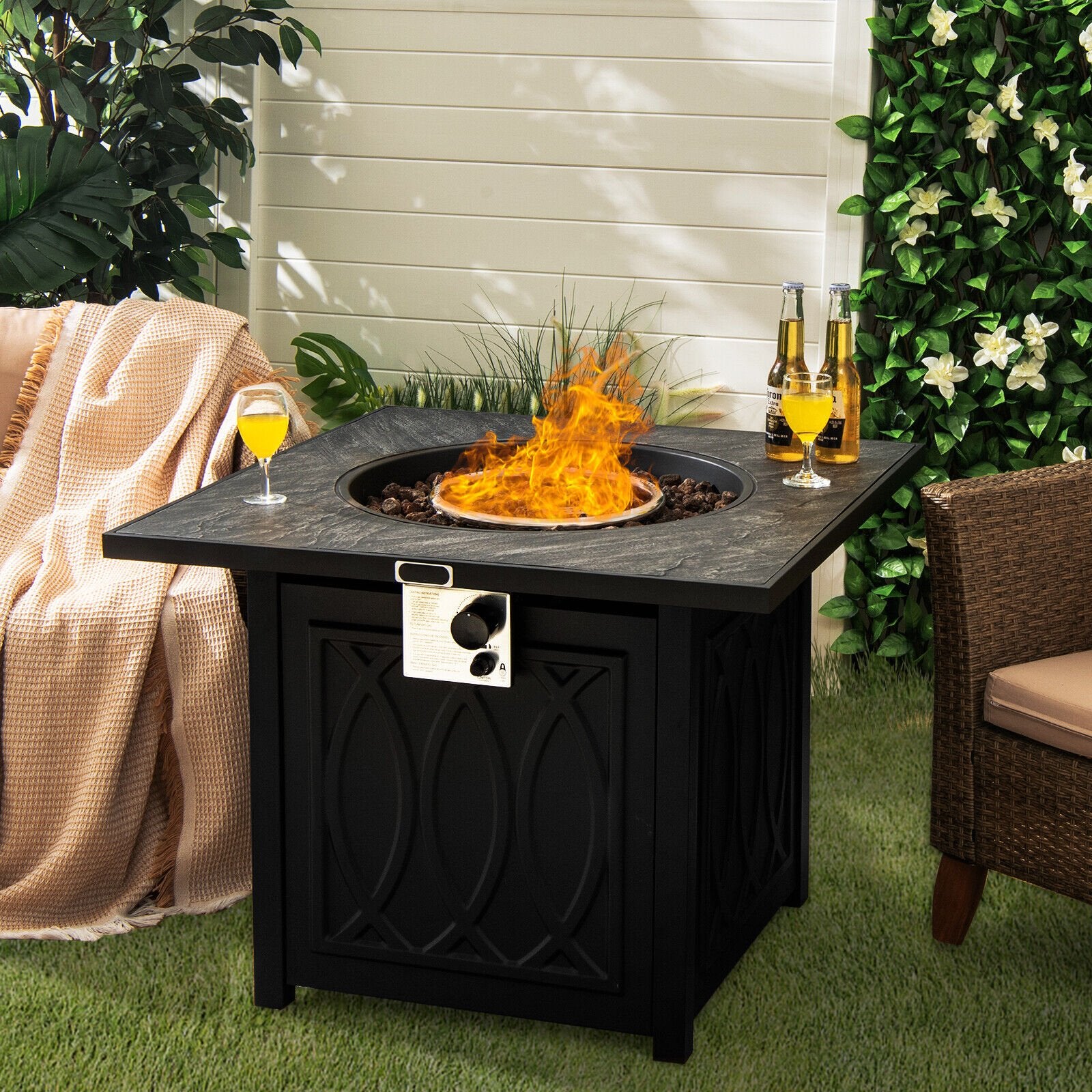32 Inch Propane Fire Pit Table Square Tabletop with Lava Rocks Cover 50000 BTU, Black - Gallery Canada
