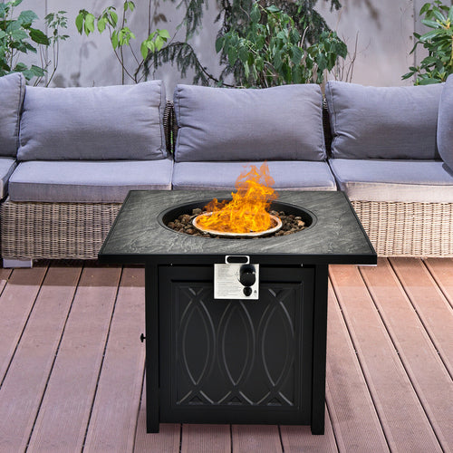 32 Inch Propane Fire Pit Table Square Tabletop with Lava Rocks Cover 50000 BTU, Black