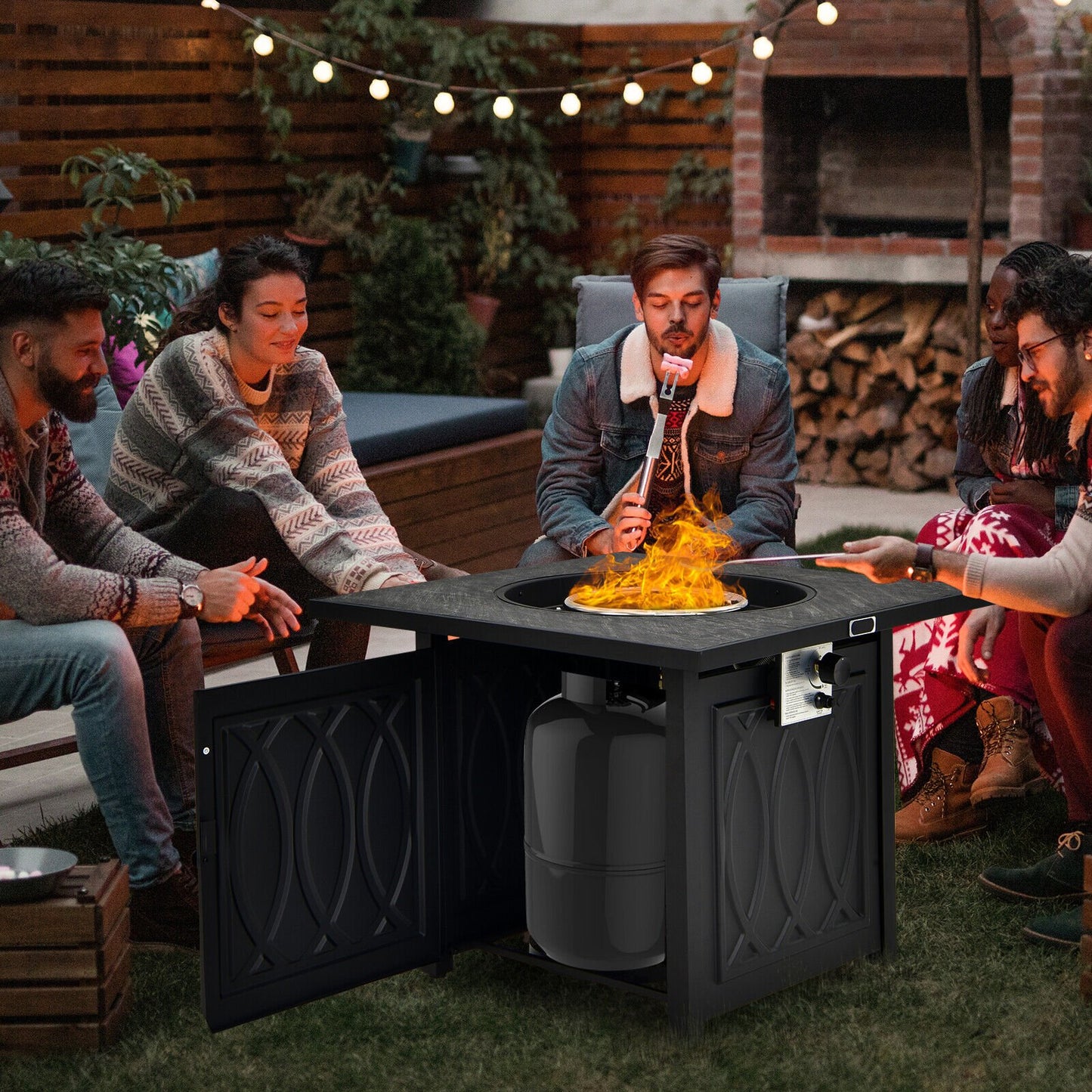 32 Inch Propane Fire Pit Table Square Tabletop with Lava Rocks Cover 50000 BTU, Black Fire Pit Tables   at Gallery Canada