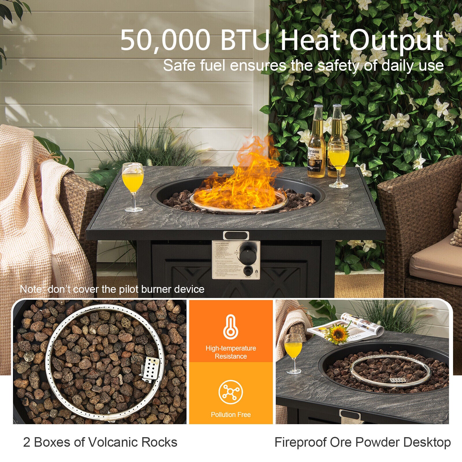32 Inch Propane Fire Pit Table Square Tabletop with Lava Rocks Cover 50000 BTU, Black Fire Pit Tables at Gallery Canada