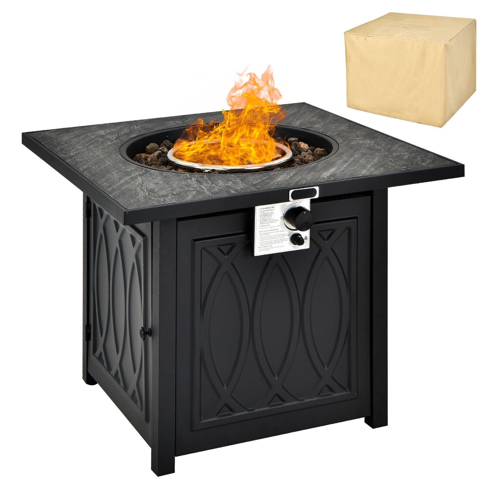 32 Inch Propane Fire Pit Table Square Tabletop with Lava Rocks Cover 50000 BTU, Black - Gallery Canada