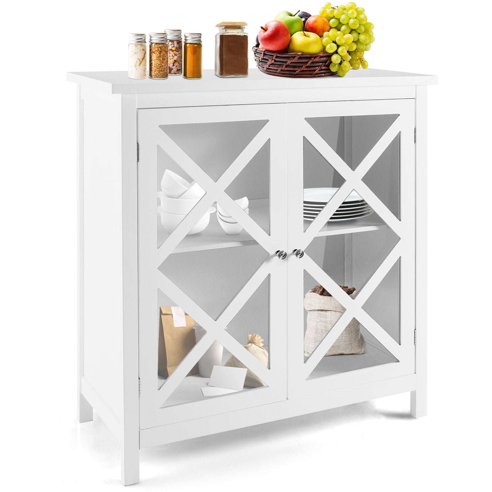 Freestanding Kitchen Buffet Cabinet with Glass Doors and Adjustable Shelf, White Sideboards Cabinets & Buffets   at Gallery Canada