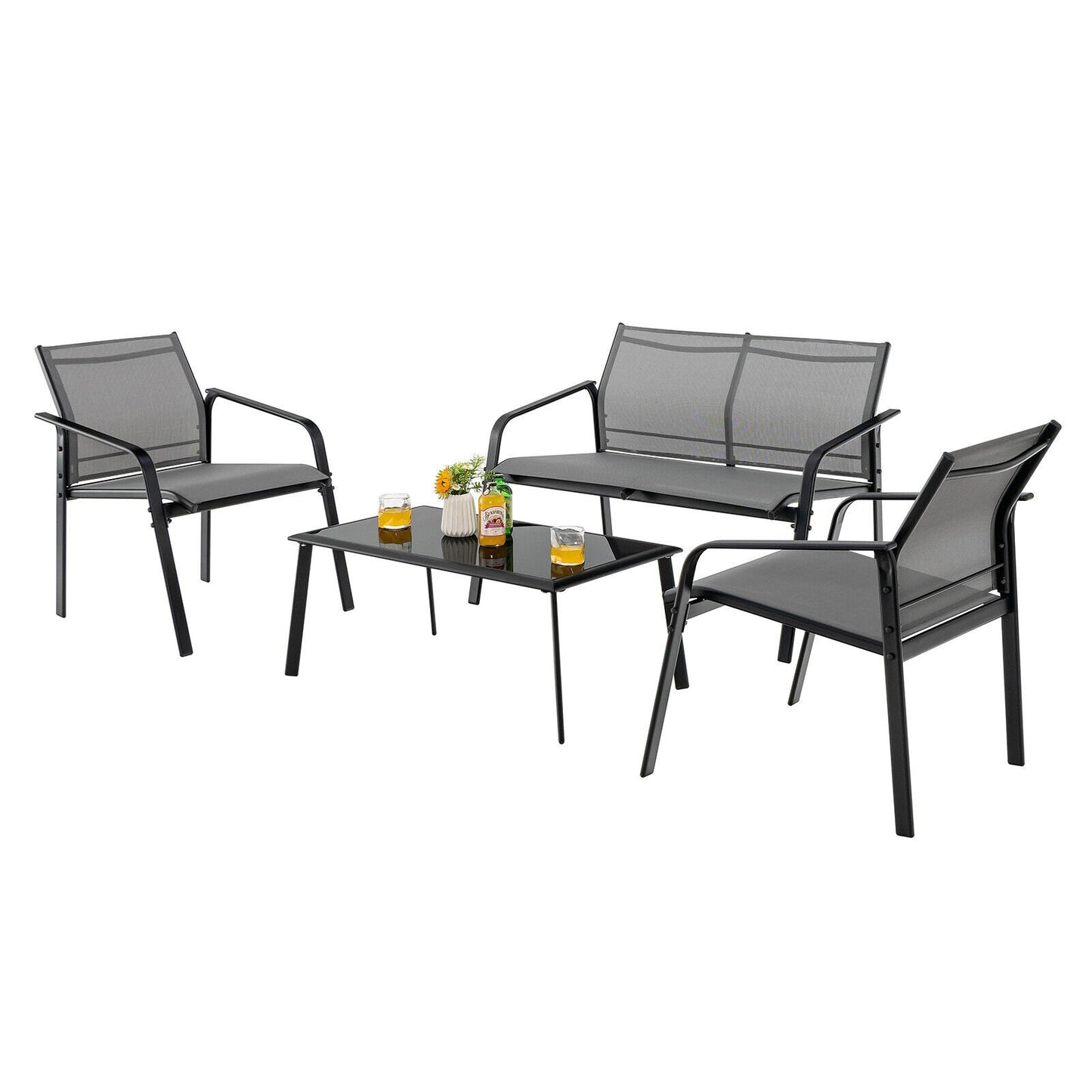 4 Pieces Patio Furniture Set with Armrest Loveseat Sofas and Glass Table Deck, Gray Patio Conversation Sets   at Gallery Canada