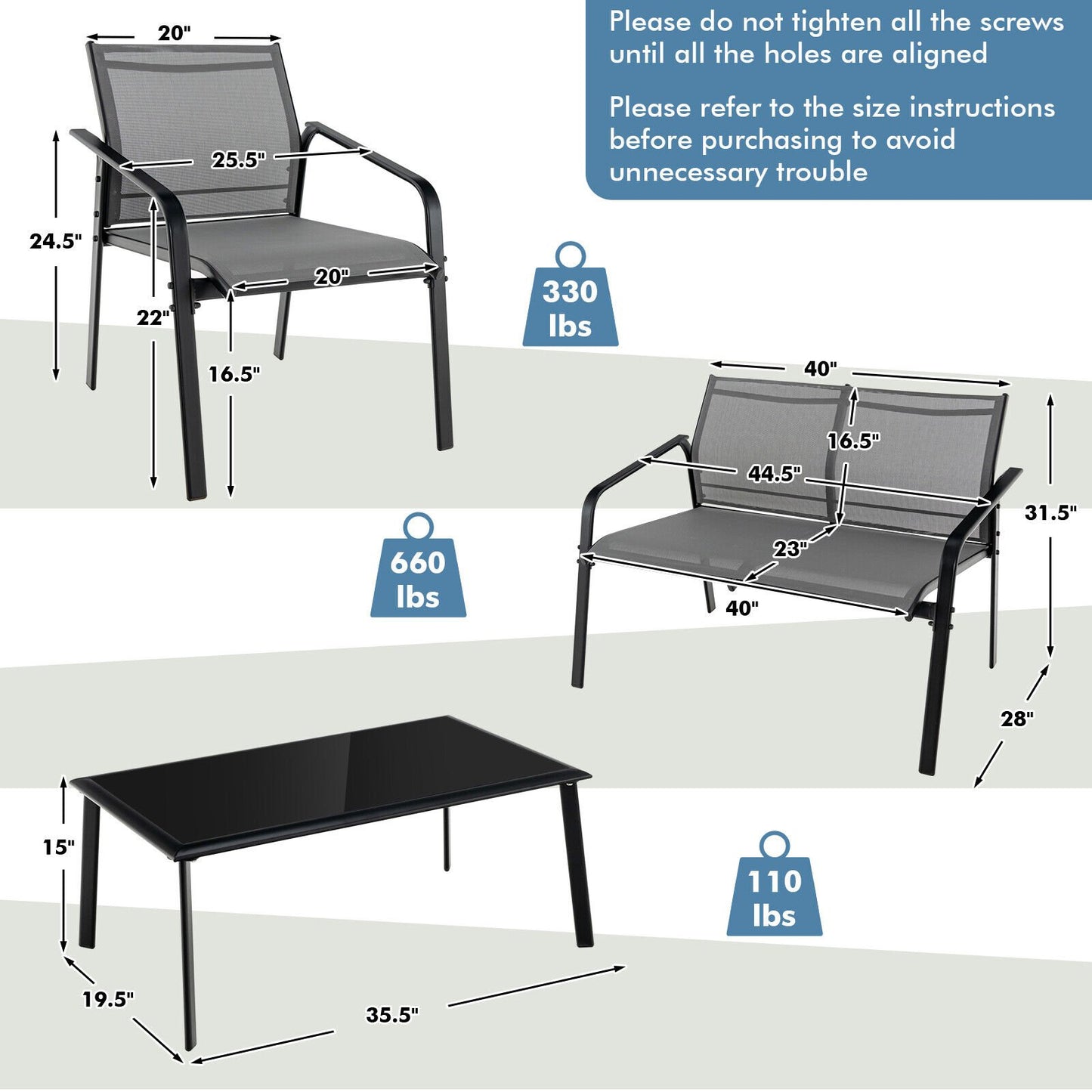 4 Pieces Patio Furniture Set with Armrest Loveseat Sofas and Glass Table Deck, Gray Patio Conversation Sets   at Gallery Canada