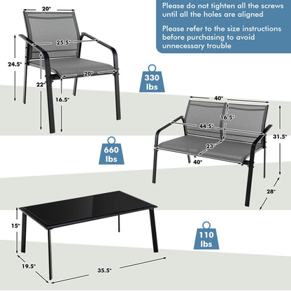 4 Pieces Patio Furniture Set with Armrest Loveseat Sofas and Glass Table Deck, Gray Patio Conversation Sets   at Gallery Canada