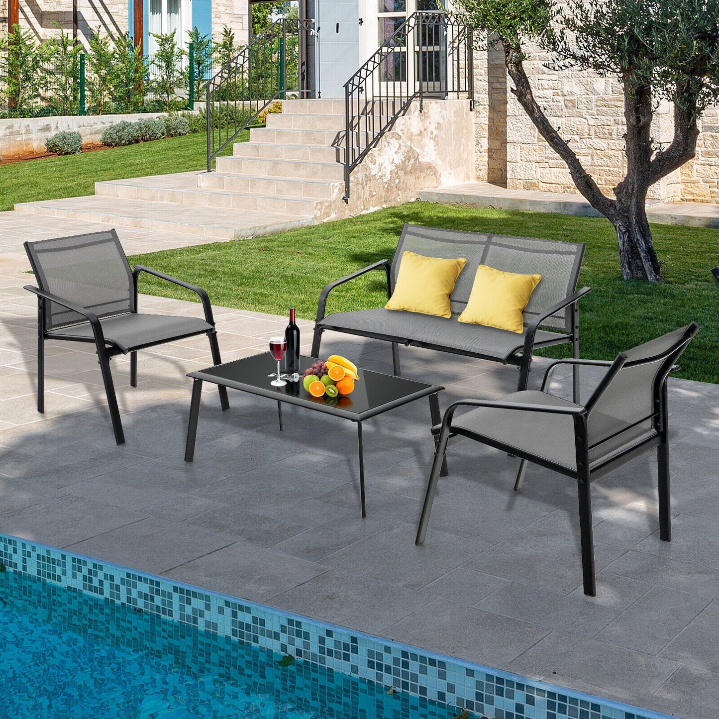 4 Pieces Patio Furniture Set with Armrest Loveseat Sofas and Glass Table Deck, Gray Patio Conversation Sets   at Gallery Canada