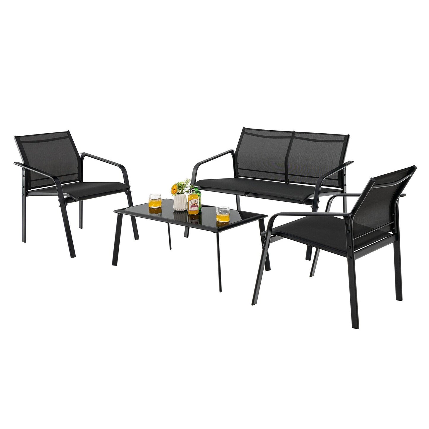 4 Pieces Patio Furniture Set with Armrest Loveseat Sofas and Glass Table Deck, Black Patio Conversation Sets   at Gallery Canada