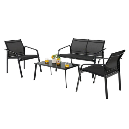 4 Pieces Patio Furniture Set with Armrest Loveseat Sofas and Glass Table Deck, Black - Gallery Canada