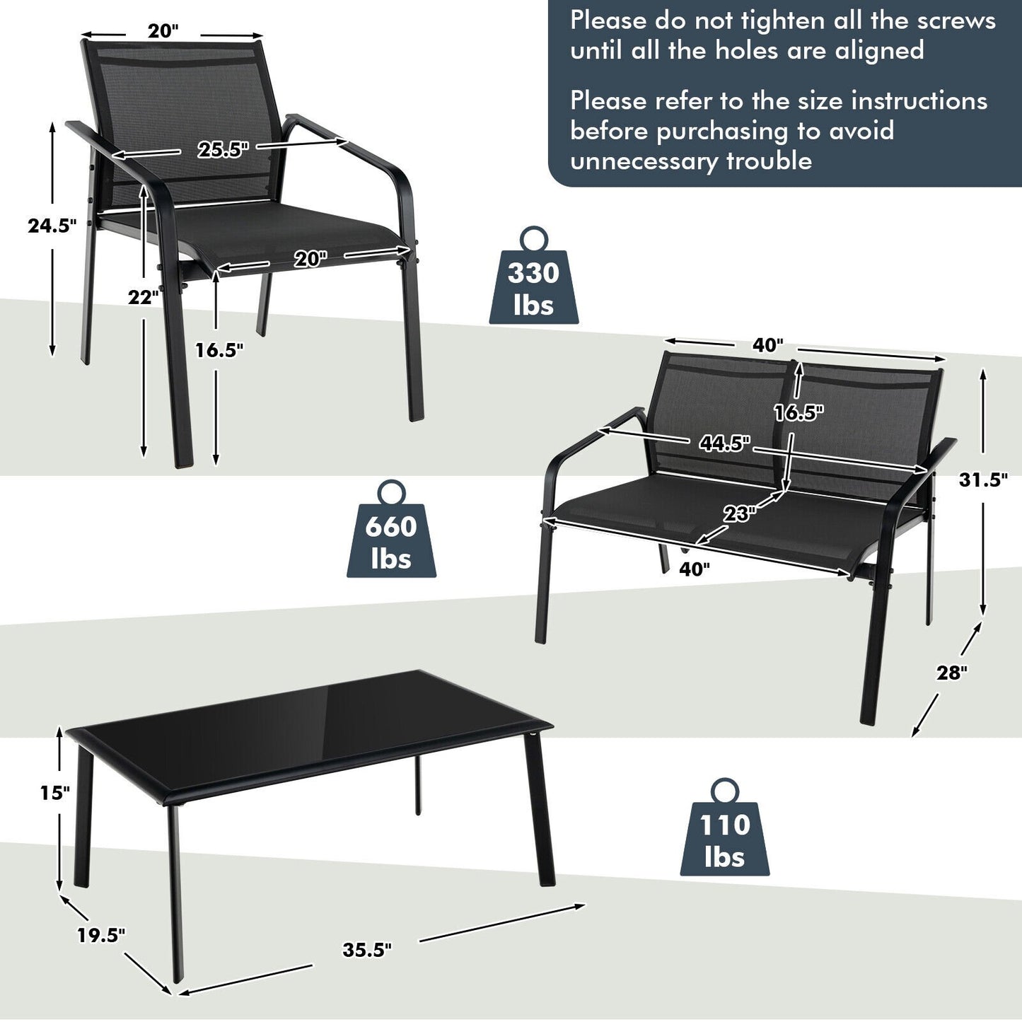 4 Pieces Patio Furniture Set with Armrest Loveseat Sofas and Glass Table Deck, Black - Gallery Canada