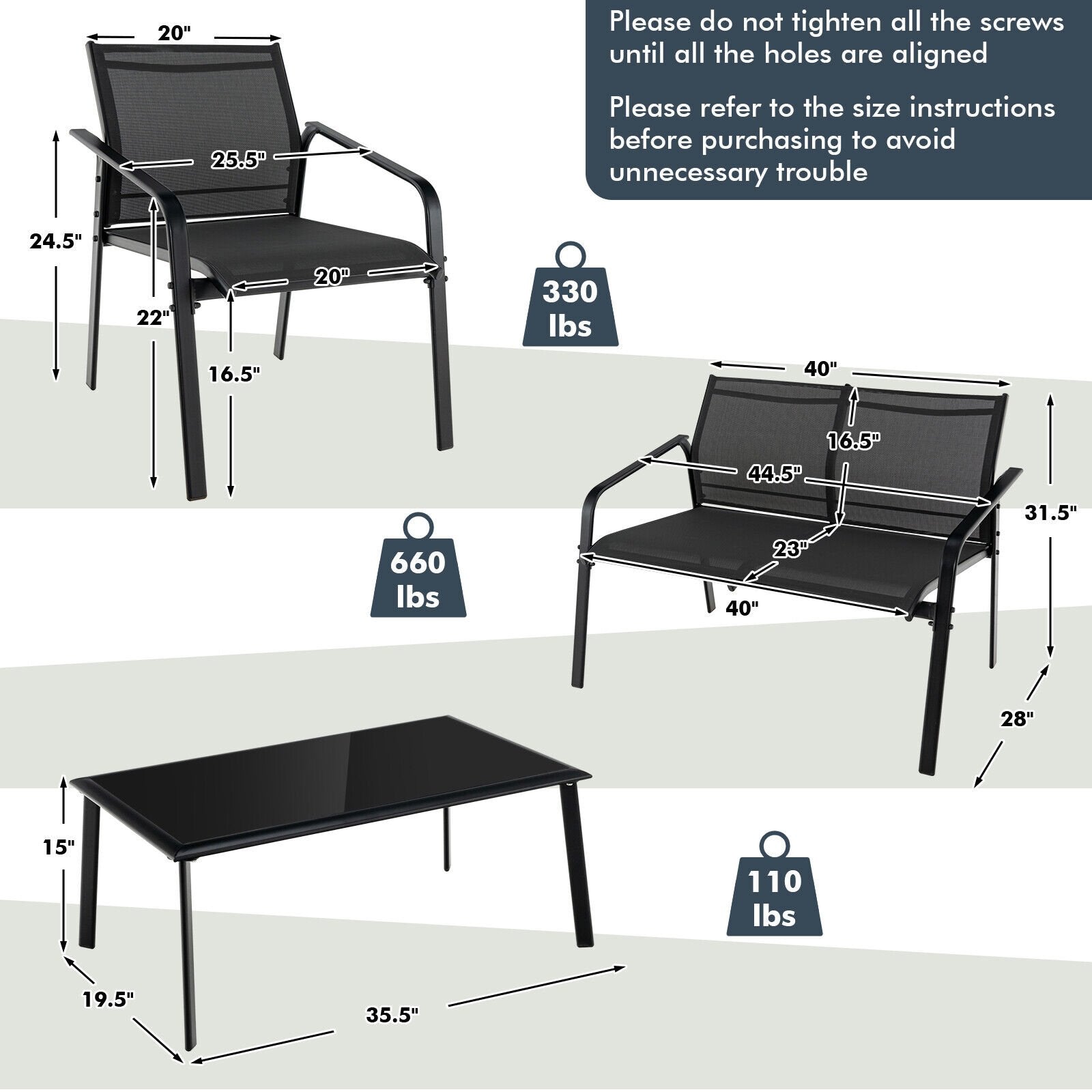 4 Pieces Patio Furniture Set with Armrest Loveseat Sofas and Glass Table Deck, Black Patio Conversation Sets   at Gallery Canada