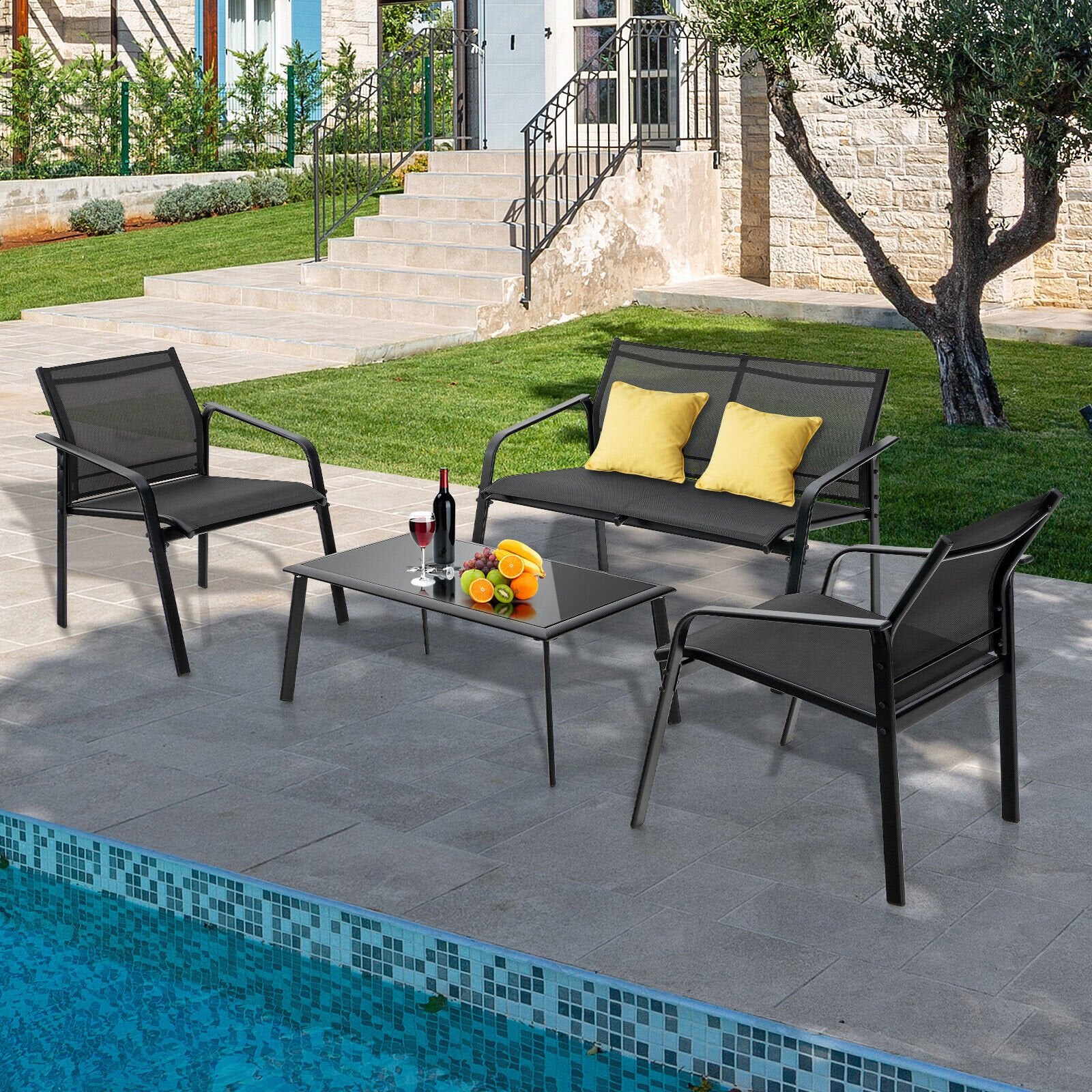 4 Pieces Patio Furniture Set with Armrest Loveseat Sofas and Glass Table Deck, Black - Gallery Canada