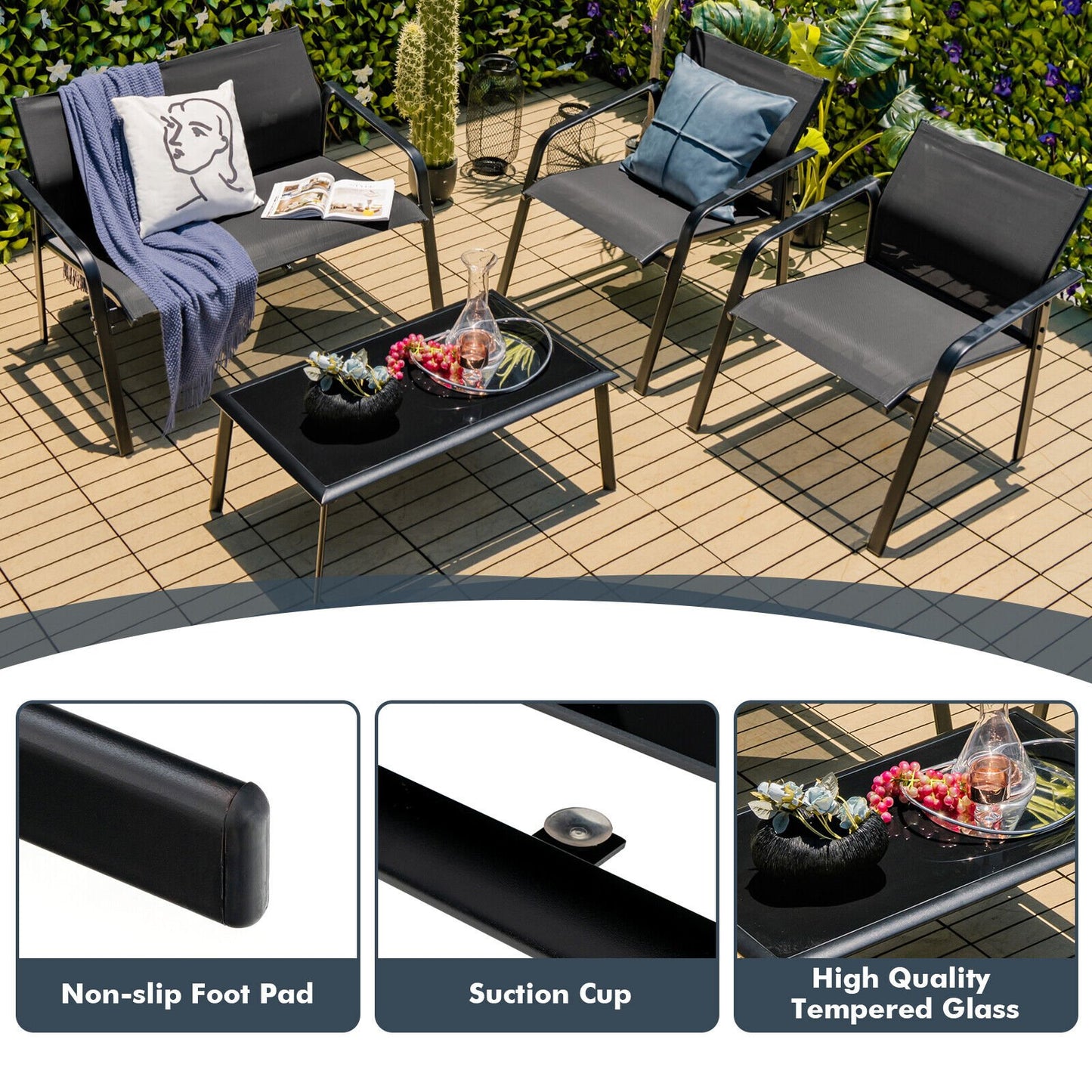 4 Pieces Patio Furniture Set with Armrest Loveseat Sofas and Glass Table Deck, Black - Gallery Canada