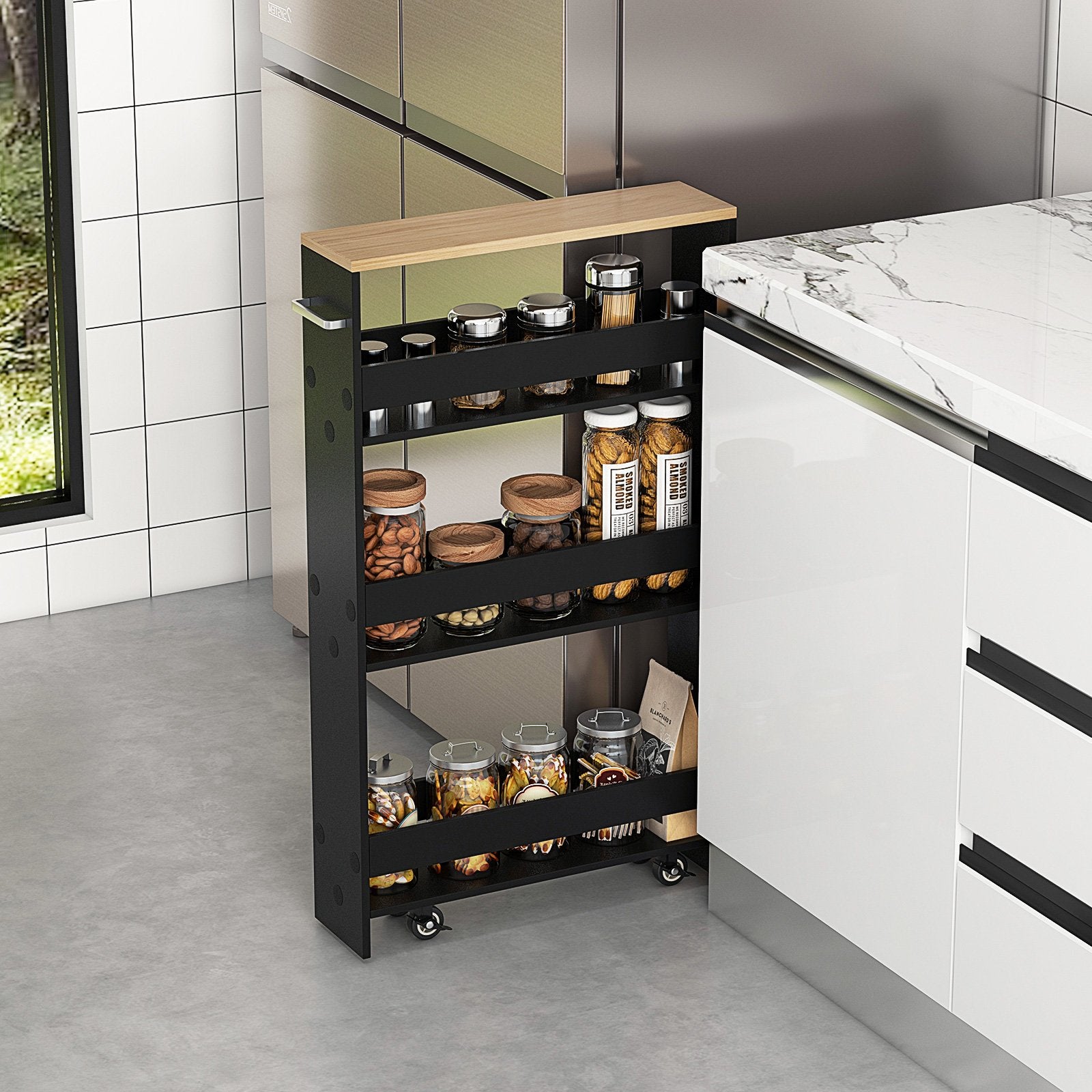 Rolling Kitchen Slim Storage Cart Mobile Shelving Organizer with Handle, Black Kitchen Islands & Carts   at Gallery Canada