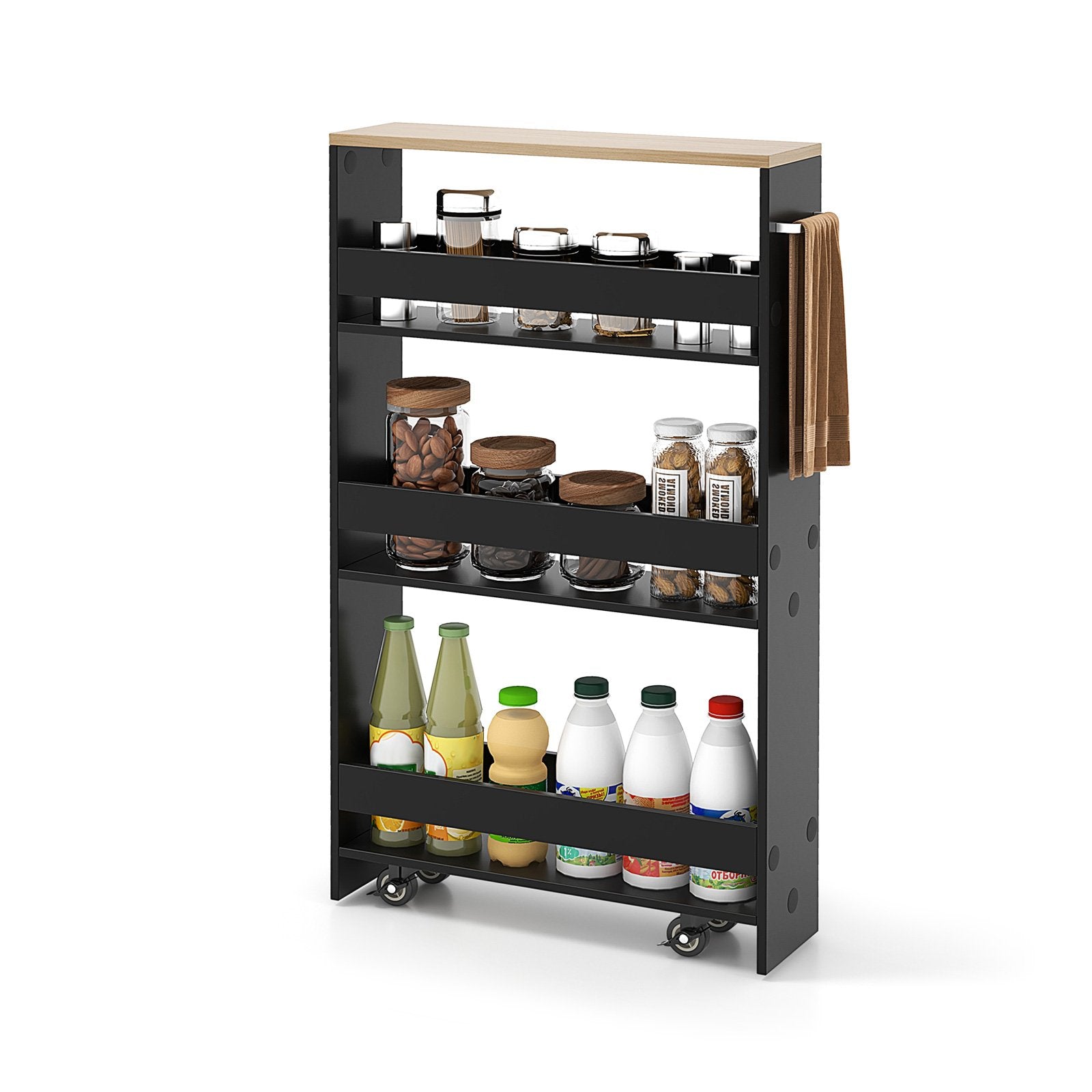 Rolling Kitchen Slim Storage Cart Mobile Shelving Organizer with Handle, Black Kitchen Islands & Carts   at Gallery Canada