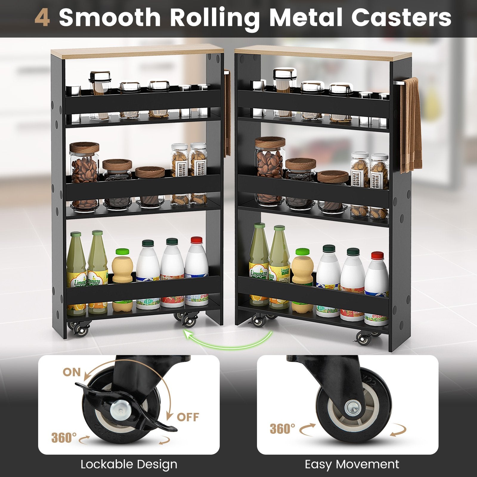 Rolling Kitchen Slim Storage Cart Mobile Shelving Organizer with Handle, Black Kitchen Islands & Carts   at Gallery Canada