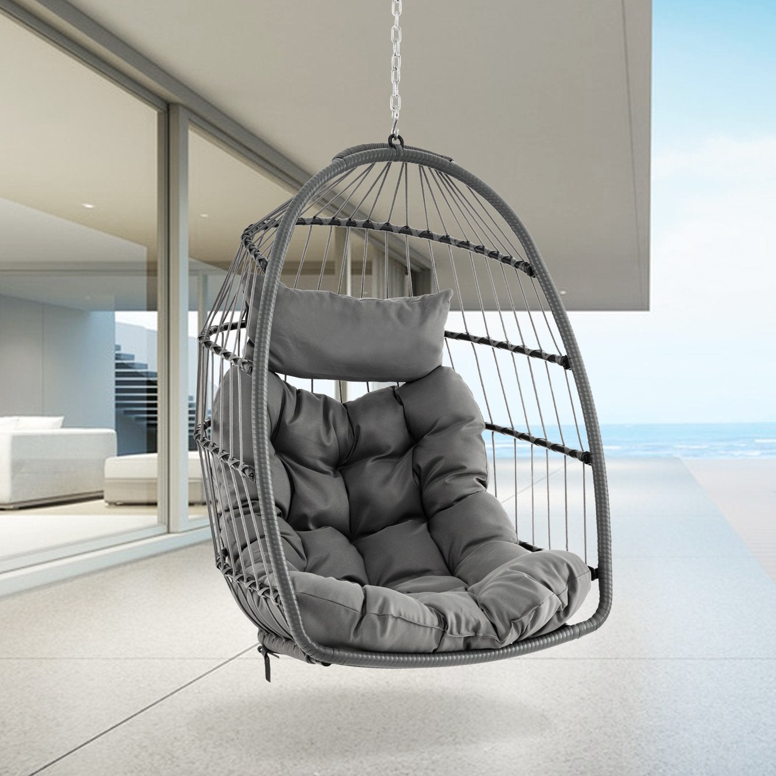 Hanging Egg Chair with Head Pillow and Large Seat Cushion, Gray Porch Swings   at Gallery Canada