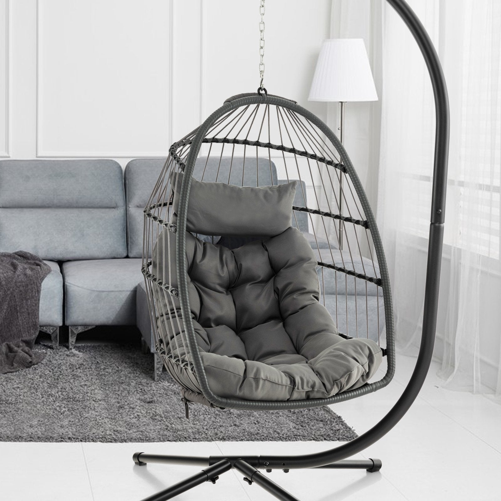 Hanging Egg Chair with Head Pillow and Large Seat Cushion, Gray Porch Swings   at Gallery Canada