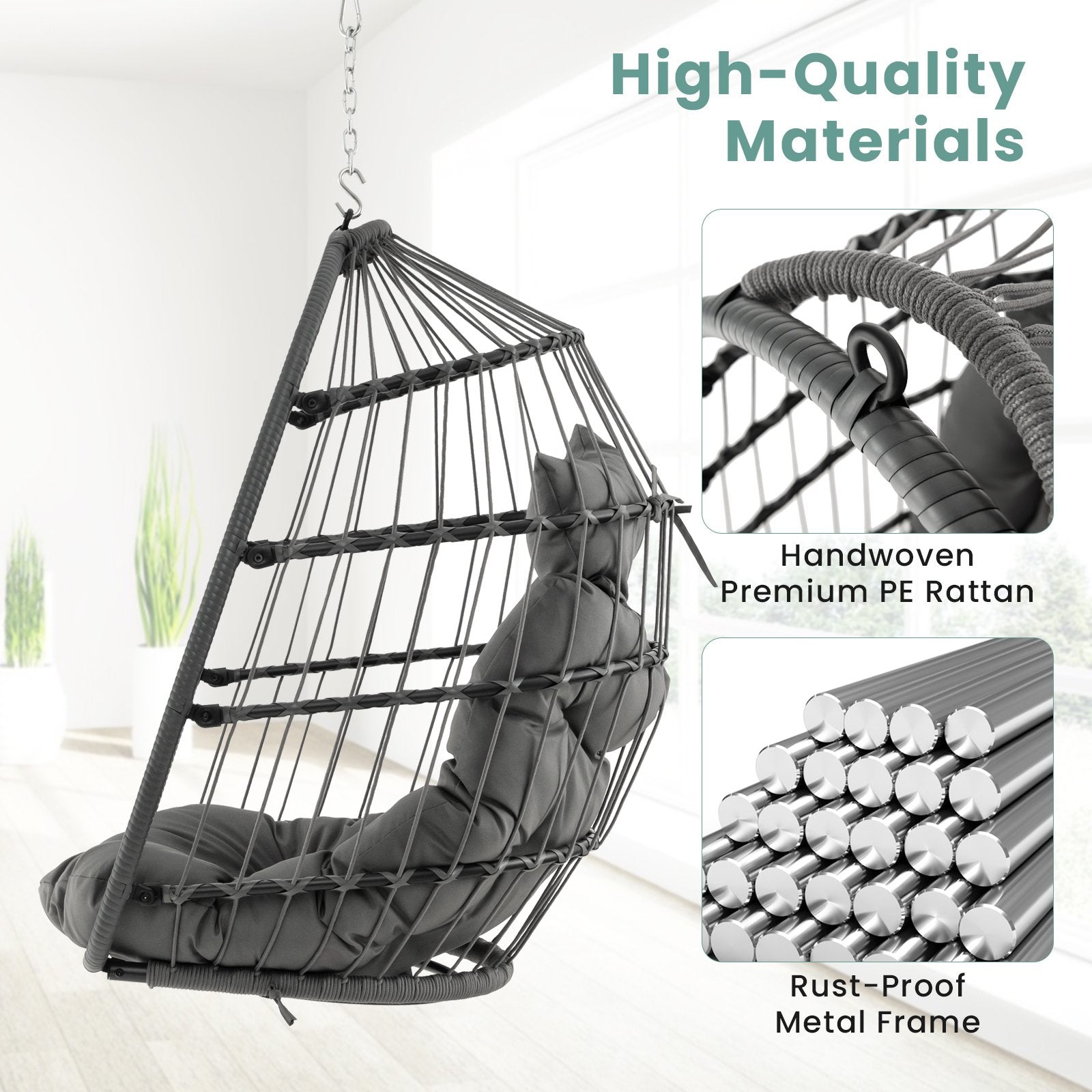 Hanging Egg Chair with Head Pillow and Large Seat Cushion, Gray Porch Swings   at Gallery Canada