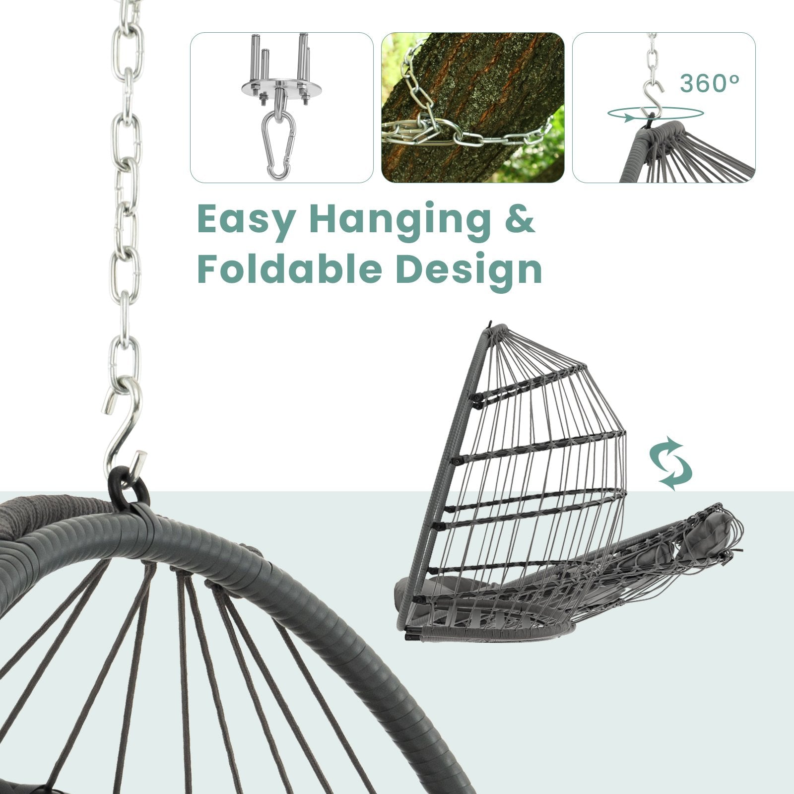 Hanging Egg Chair with Head Pillow and Large Seat Cushion, Gray Porch Swings   at Gallery Canada