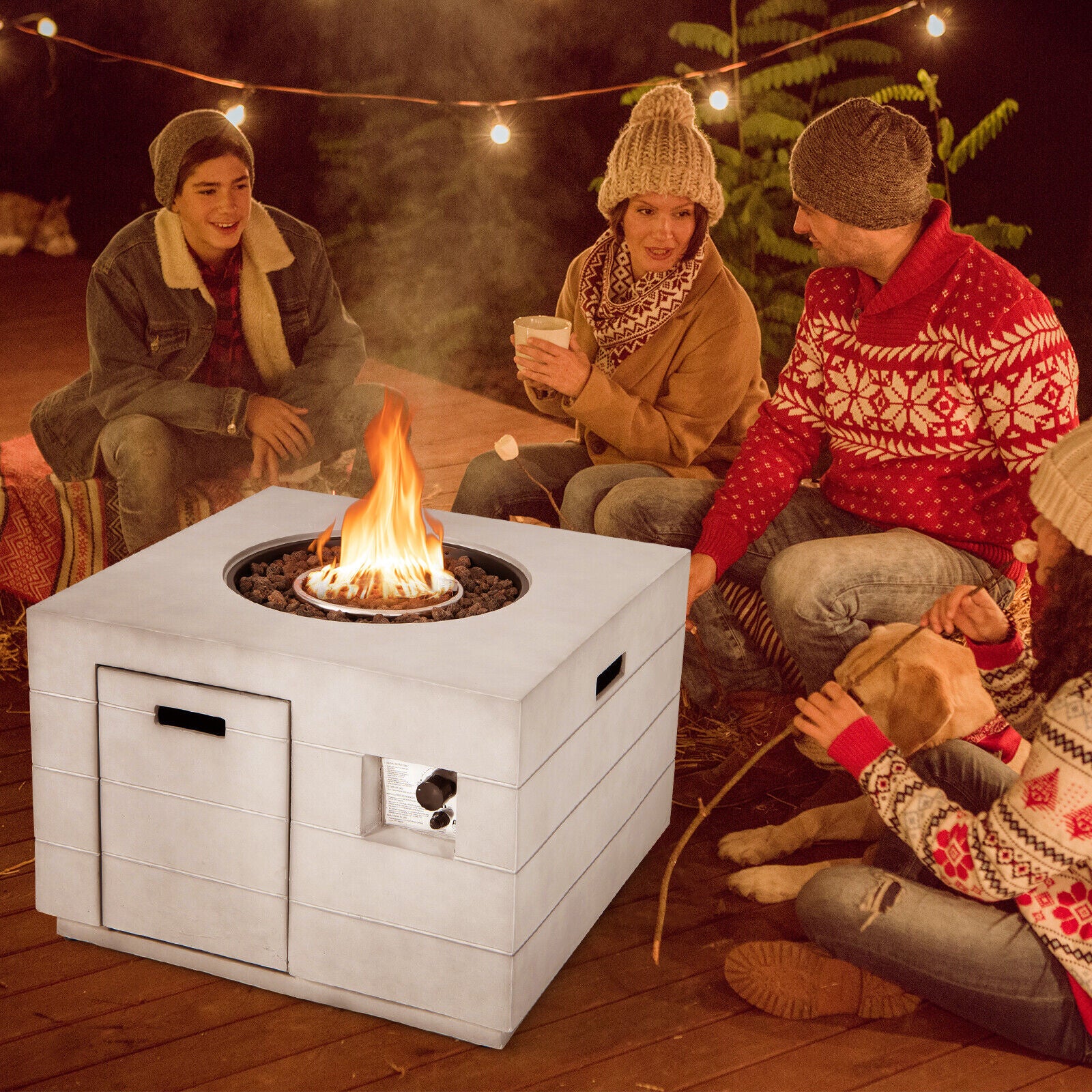 34 Inch Square Concrete Propane Fire Pit Table with Lava Rocks and Cover 50 000 BTU, Gray Fire Pit Tables at Gallery Canada