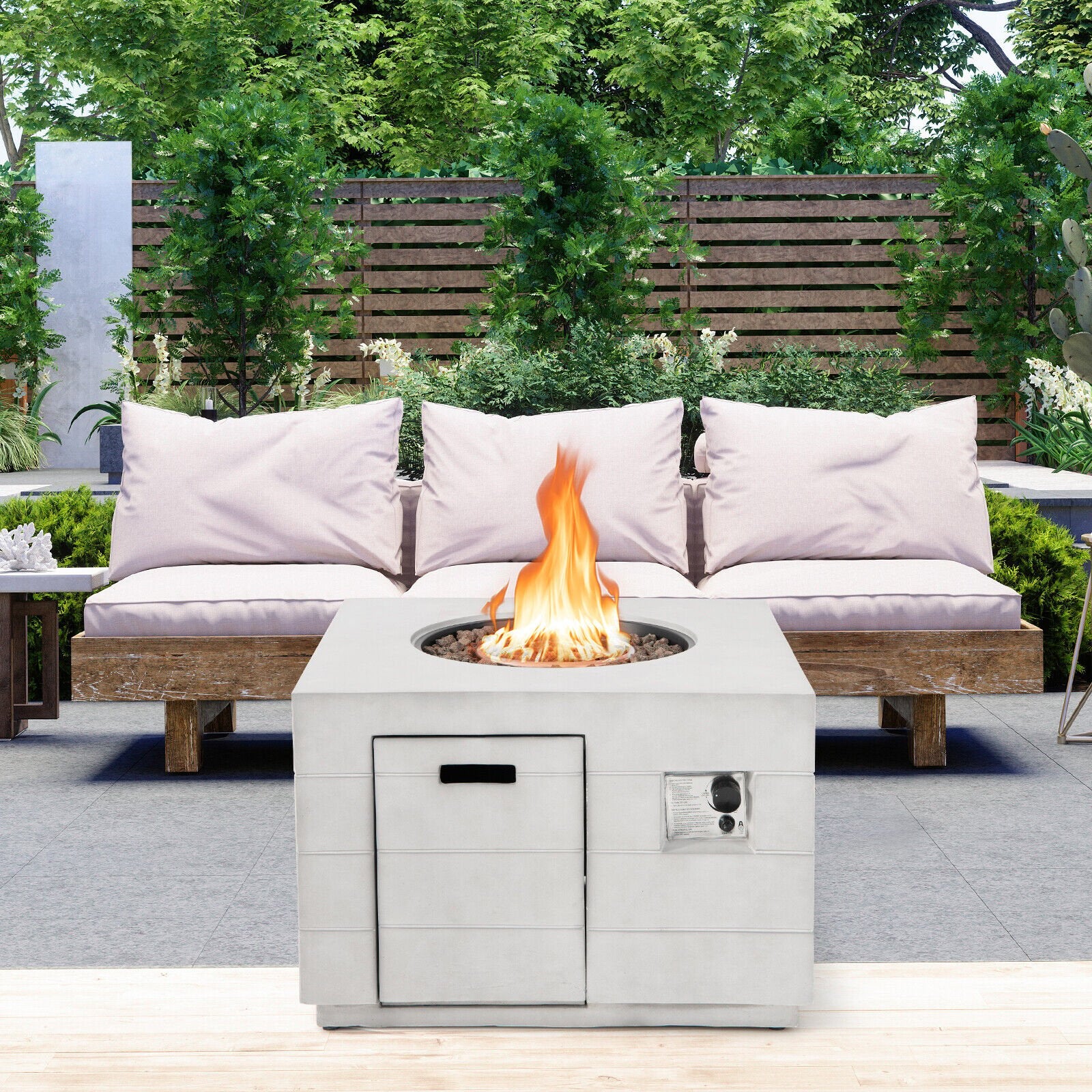 34 Inch Square Concrete Propane Fire Pit Table with Lava Rocks and Cover 50 000 BTU, Gray Fire Pit Tables   at Gallery Canada