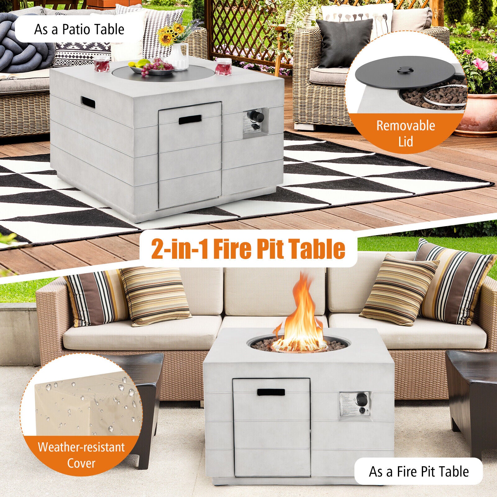 34 Inch Square Concrete Propane Fire Pit Table with Lava Rocks and Cover 50 000 BTU, Gray Fire Pit Tables at Gallery Canada