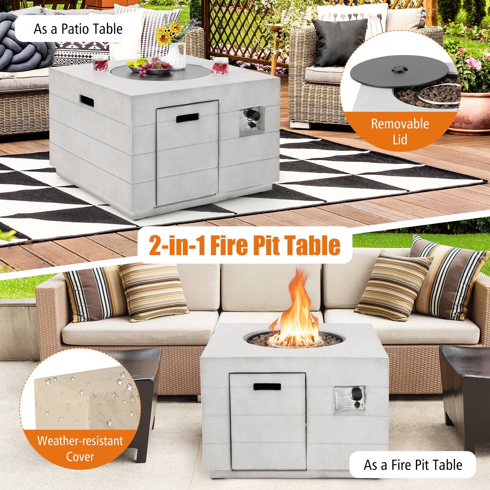 34 Inch Square Concrete Propane Fire Pit Table with Lava Rocks and Cover 50 000 BTU, Gray Fire Pit Tables   at Gallery Canada