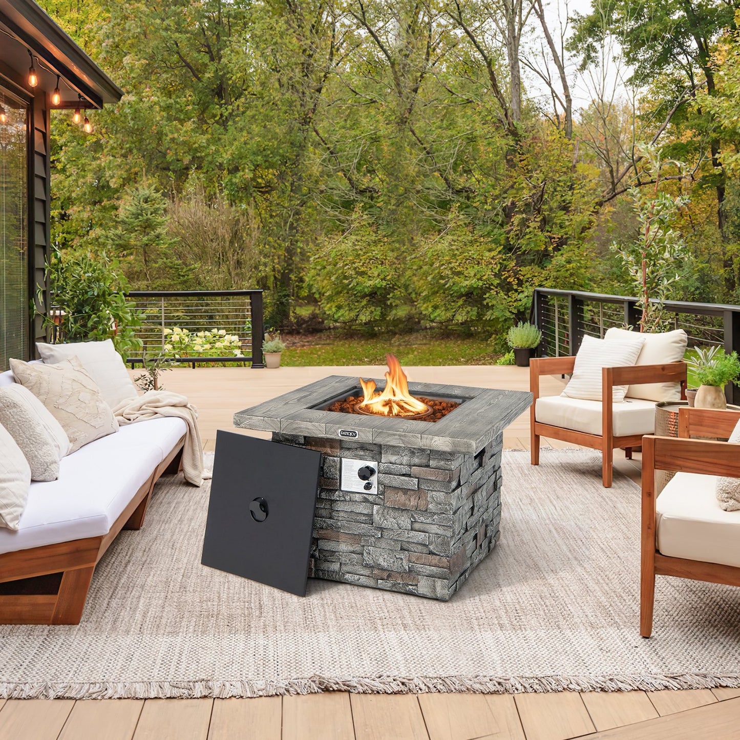34.5 Inch Square Propane Gas Fire Pit Table with Lava Rock and PVC Cover, Gray - Gallery Canada