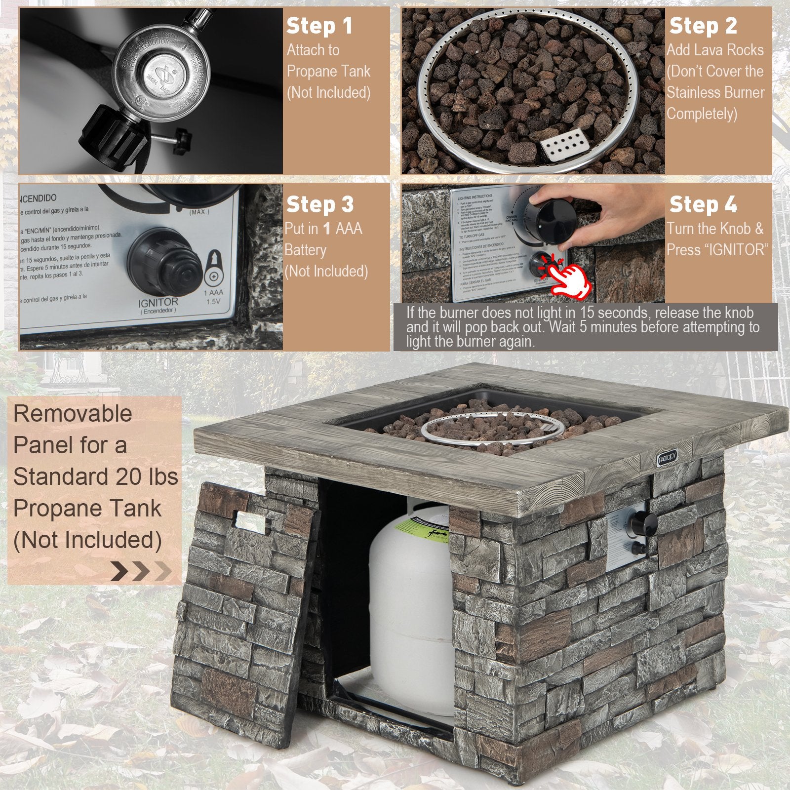 34.5 Inch Square Propane Gas Fire Pit Table with Lava Rock and PVC Cover, Gray Fire Pit Tables   at Gallery Canada