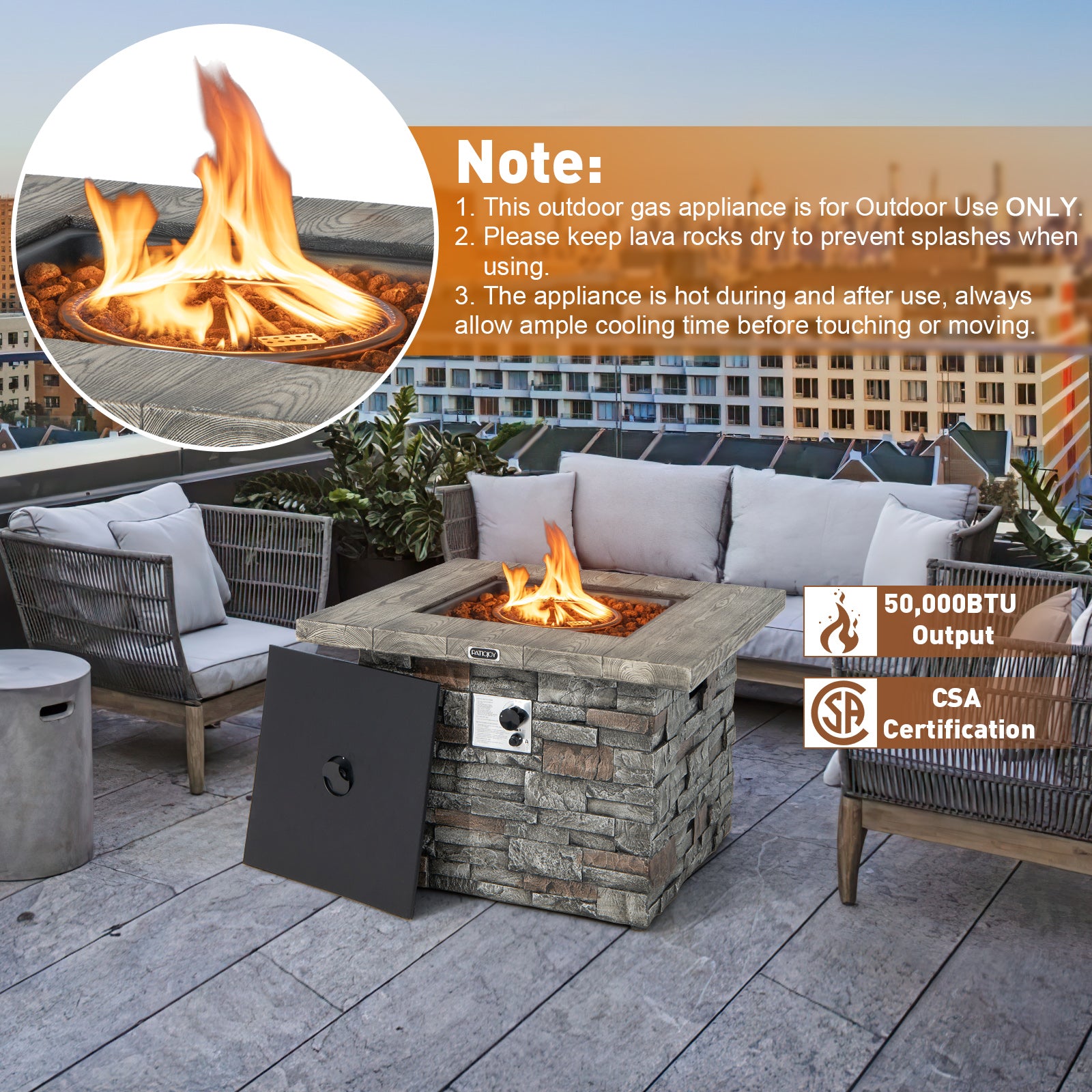 34.5 Inch Square Propane Gas Fire Pit Table with Lava Rock and PVC Cover, Gray Fire Pit Tables at Gallery Canada