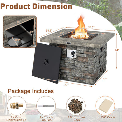 34.5 Inch Square Propane Gas Fire Pit Table with Lava Rock and PVC Cover, Gray - Gallery Canada