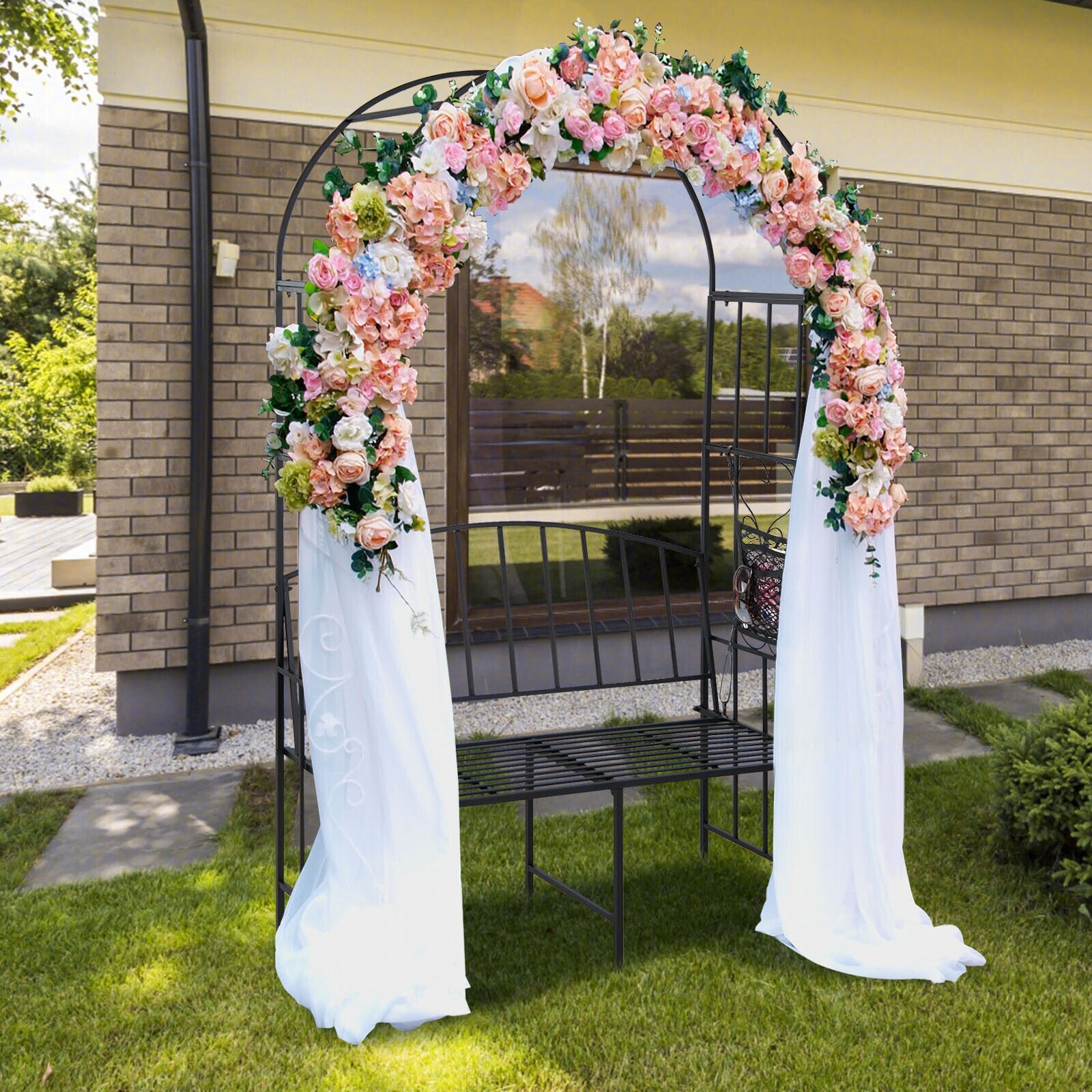 Steel Garden Arch with 2-Seat Bench, Black Outdoor Benches   at Gallery Canada